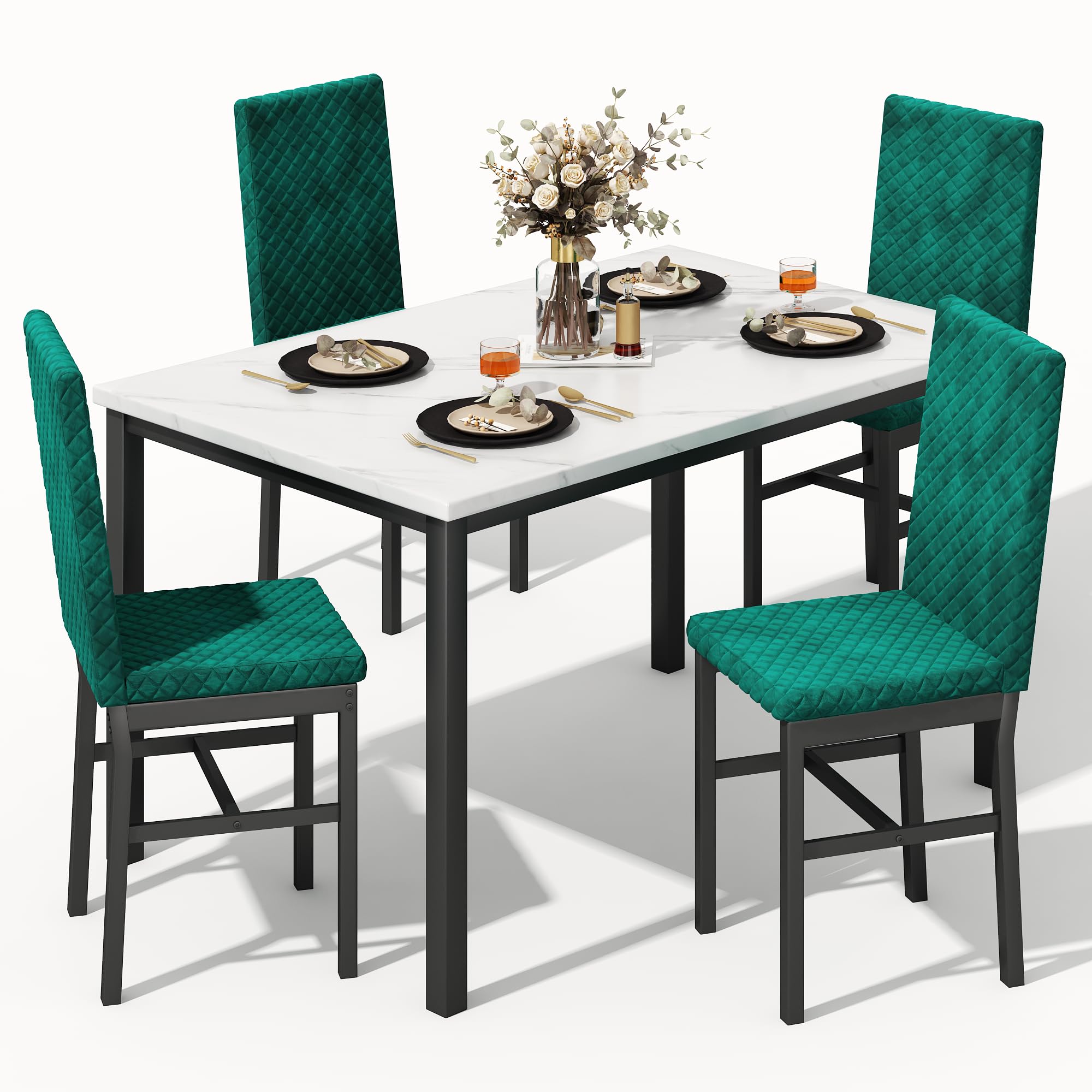 Recaceik 5-Piece Small Dining Table Set for 4, Modern Faux Marble Kitchen Table with 4 Upholstered Velvet Chairs, Dining Room Table Set for Dinette, Breakfast Nook & Small Spaces, White & Green