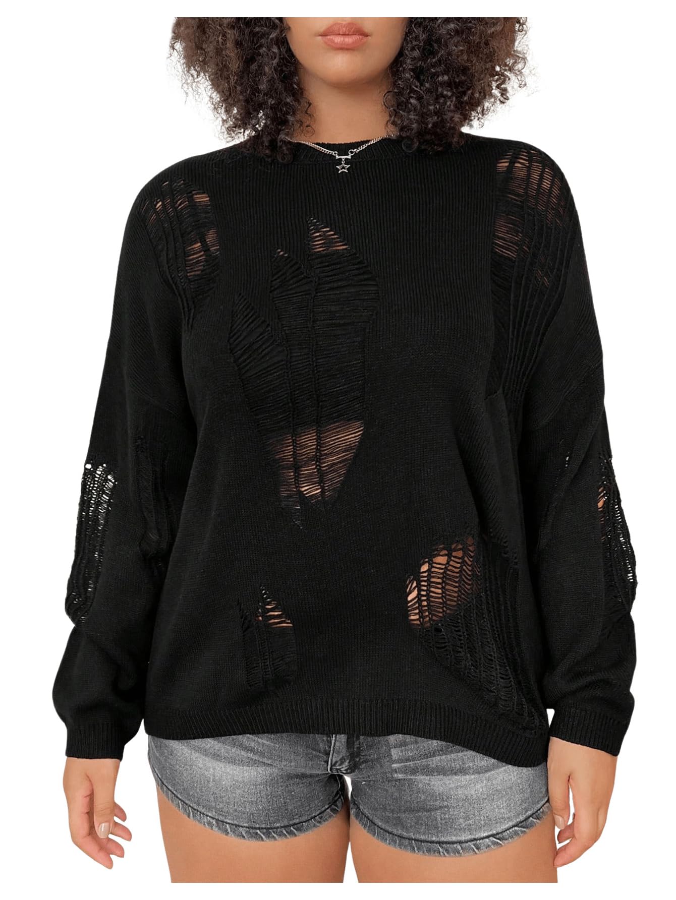 Womens Plus Size Distressed Sweater Hollow Out Crew Neck Ripped Sweaters Long Sleeve Knit Tops