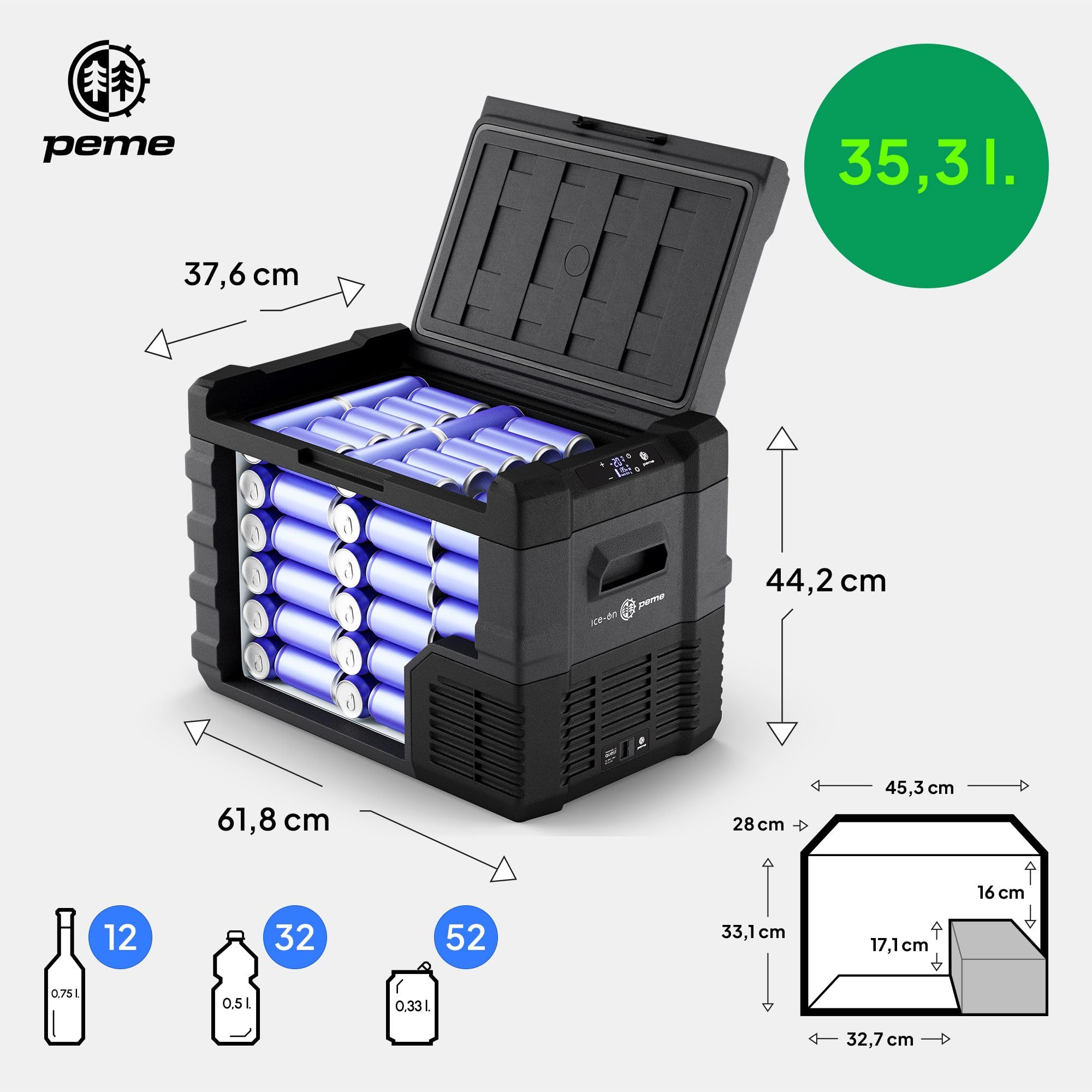 peme Quest 15,3-26,8-35,3 l – wydajna lodówka kompresorowa ze sterowaniem za pomocą aplikacji, funkcja zamrażania i ogrzewania, Dual-Power 12/24 V, 230 V – idealna na kemping, do aktywności na świeżym