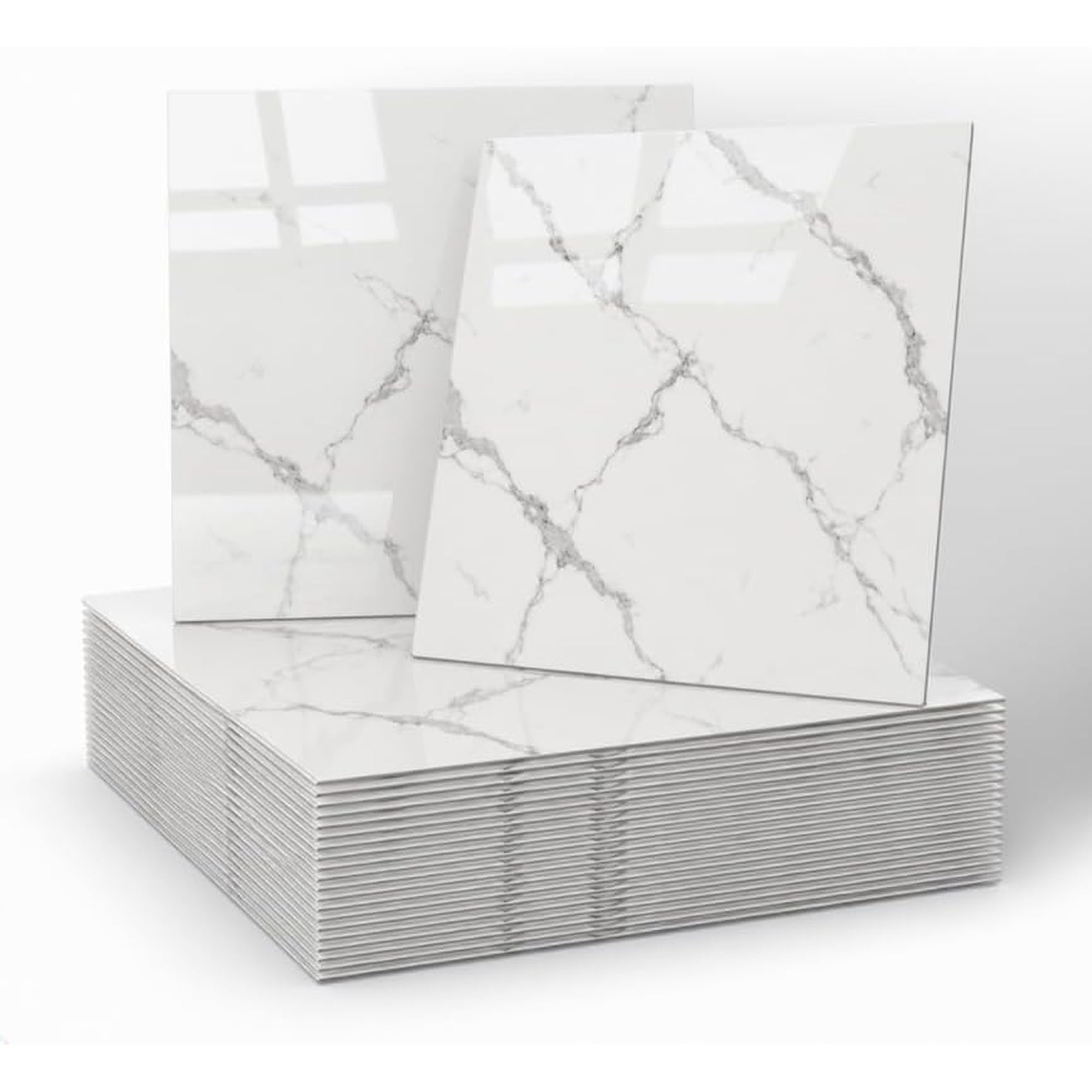 Azulejos adhesivos para pared, 30 x 30 cm, para pared posterior de cocina de PET, 20 unidades, resistentes al agua, resistentes al calor, aspecto de mármol, para cocina, baño, salón (blanco marfil)
