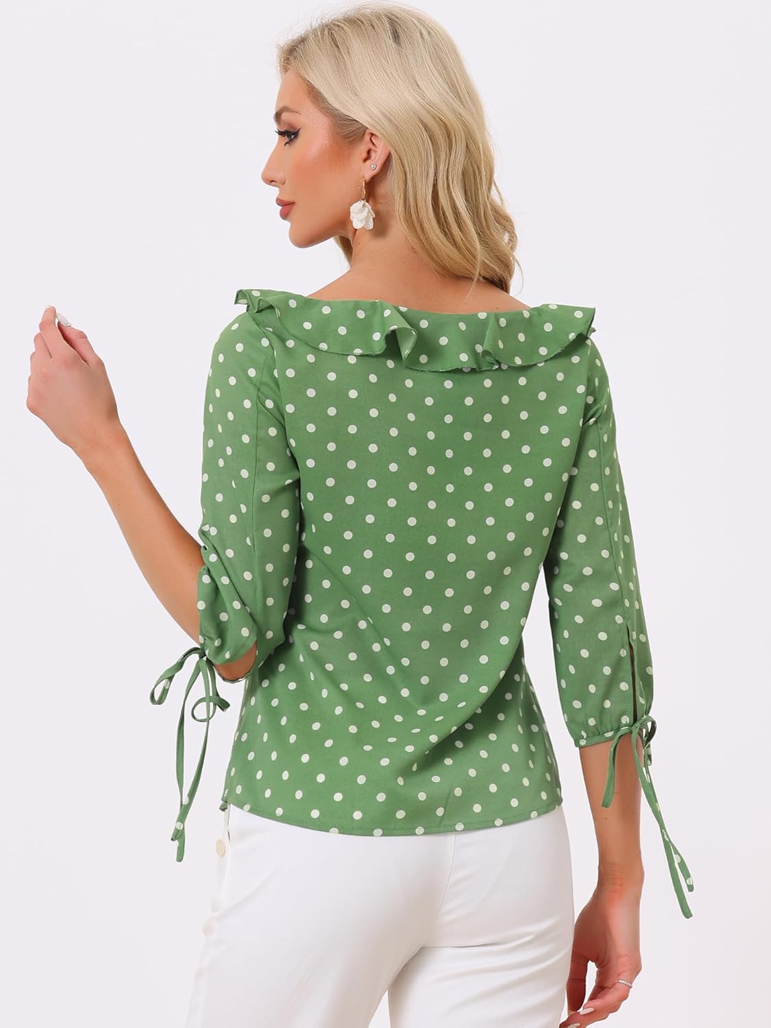 Allegra K Women's Ruffled Collar Polka Dots Shirt 3/4 Sleeve Vintage Blouse - Image 4