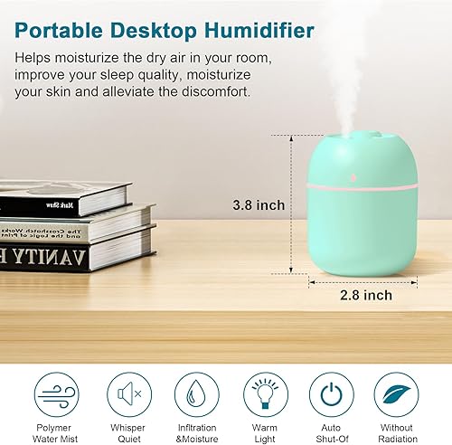 Miniatura 5 de Humidificador pequeño portátil, humidificador de escritorio personal USB para automóvil, sala de oficina, dormitorio, apagado automático, 2 modos de