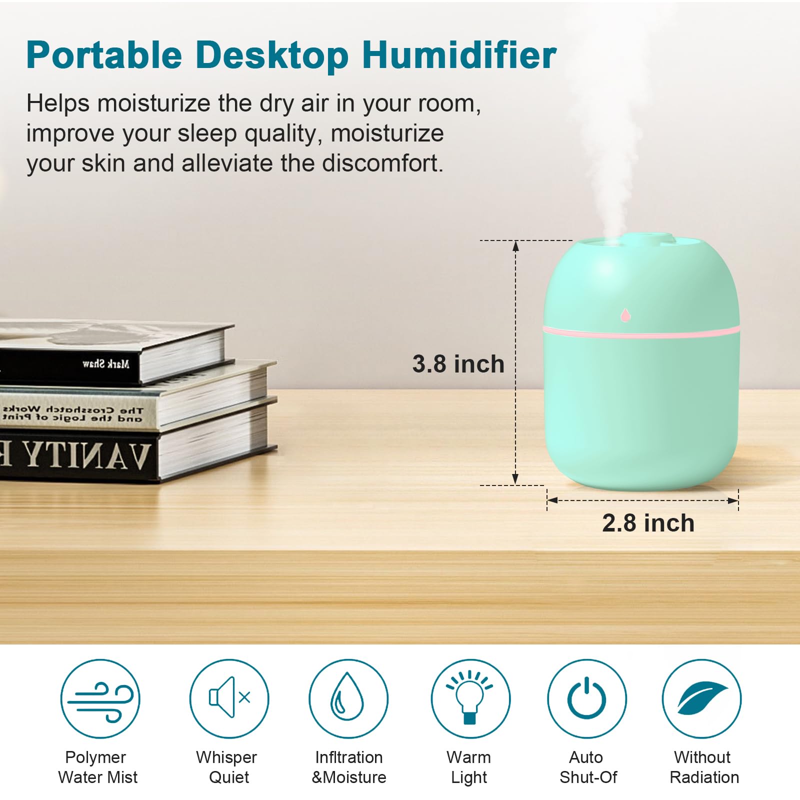 Piccolo umidificatore portatile, USB, umidificatore personale da scrivania per auto, ufficio, camera da letto, spegnimento automatico, 2 modalità di nebbia, super silenzioso (220 ml, verde)
