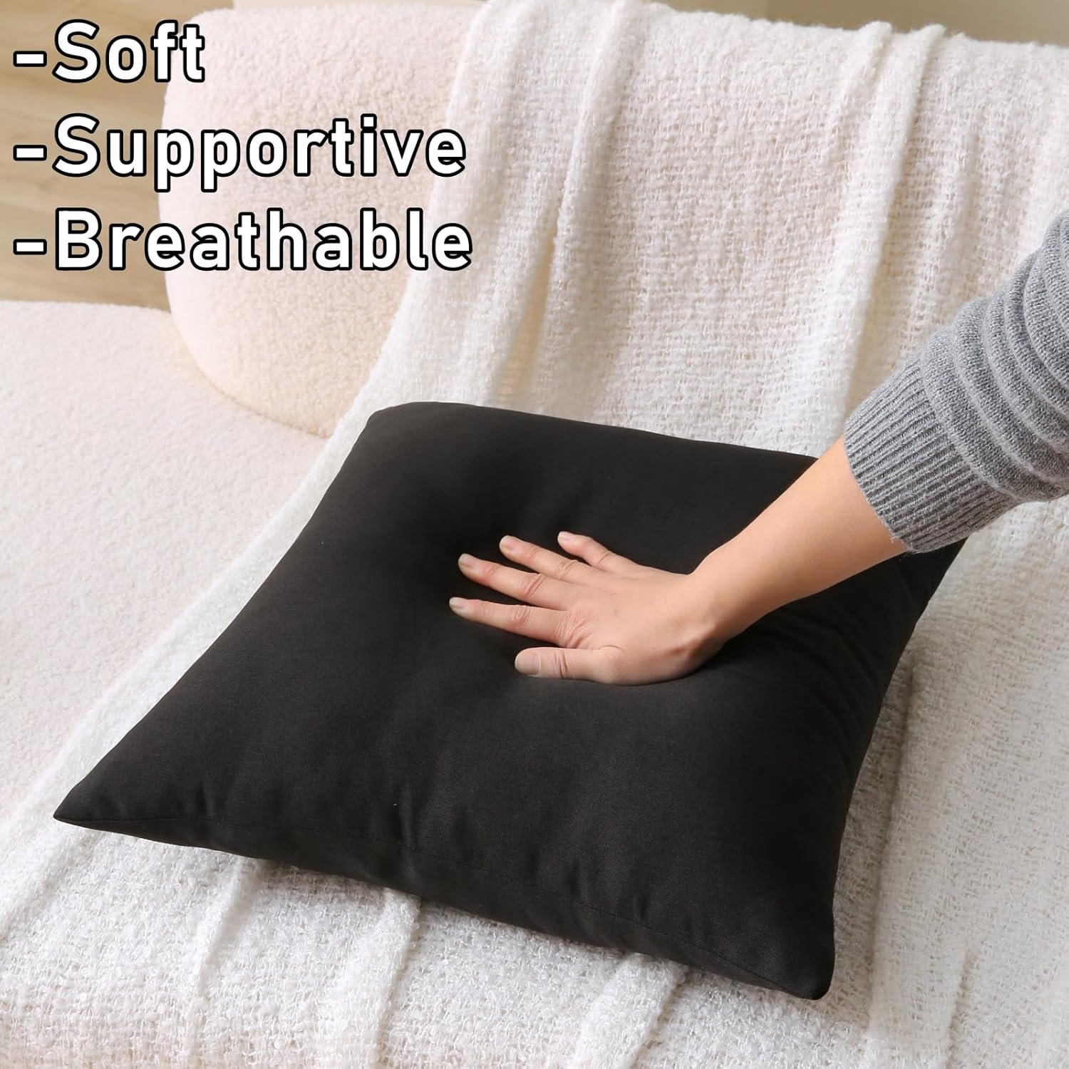 18" x 18" Throw Pillows, Outdoor Waterproof Pillows with Inserts, Square Decorative Pillows for Patio Furniture Garden Couch Sofa Home(Black, Set of 2)