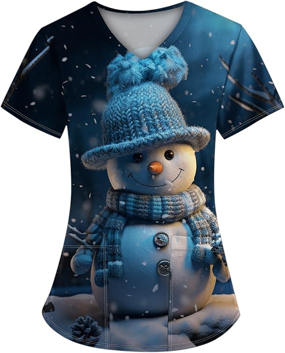 OIOLOYJM Halloween Christmas Scrub Tops Women Printed V Neck Short Sleeve Plus Size Scrubs for Womens Shirts with Pockets