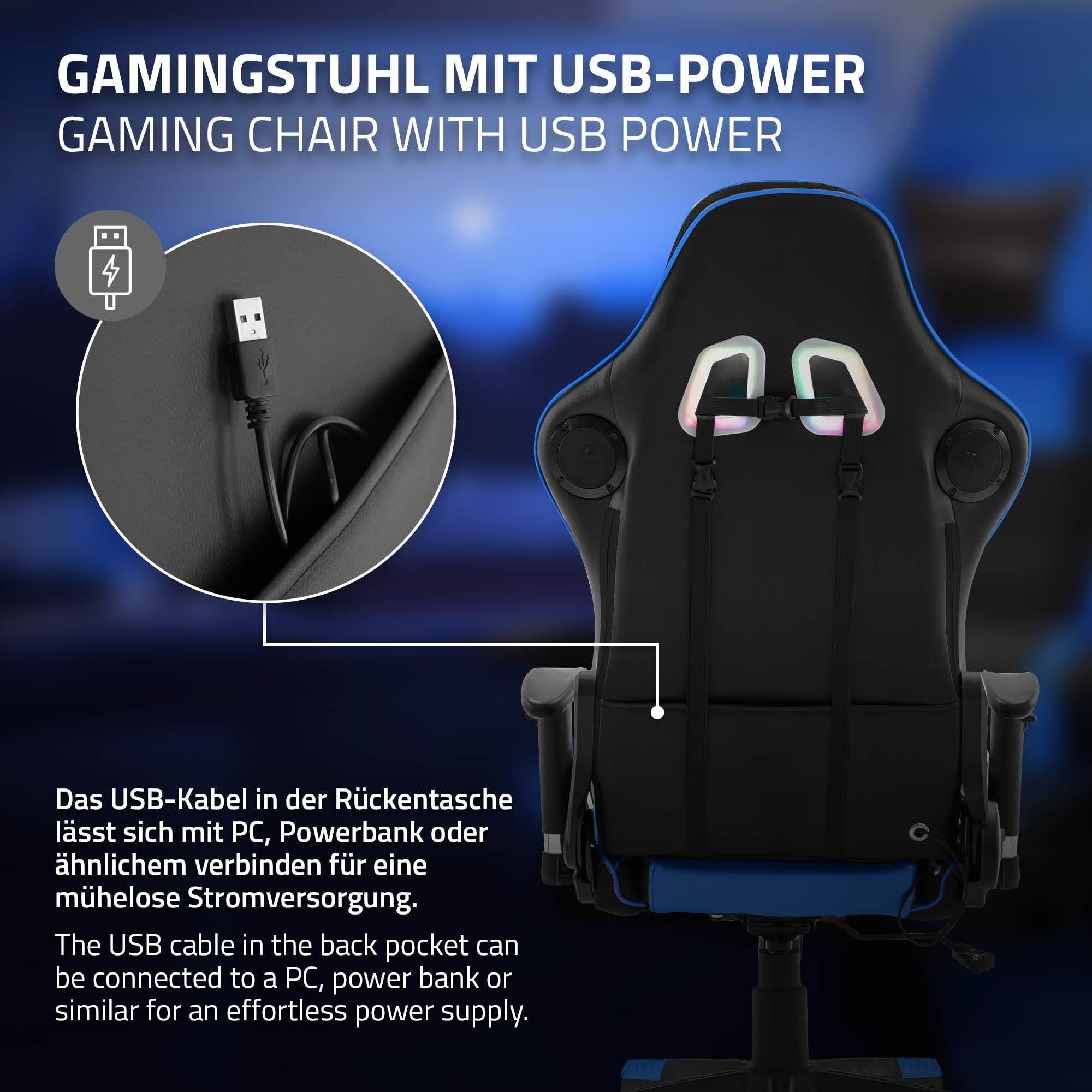 ML-Design Sedia da Gaming Illuminazione LED RGB e Altoparlanti Bluetooth e Cuscino Lombare Ecopelle Blu Poltrona Ufficio Ergonomica Confortevole Braccioli Poggiatesta Altezza Regolabile Reclinabile