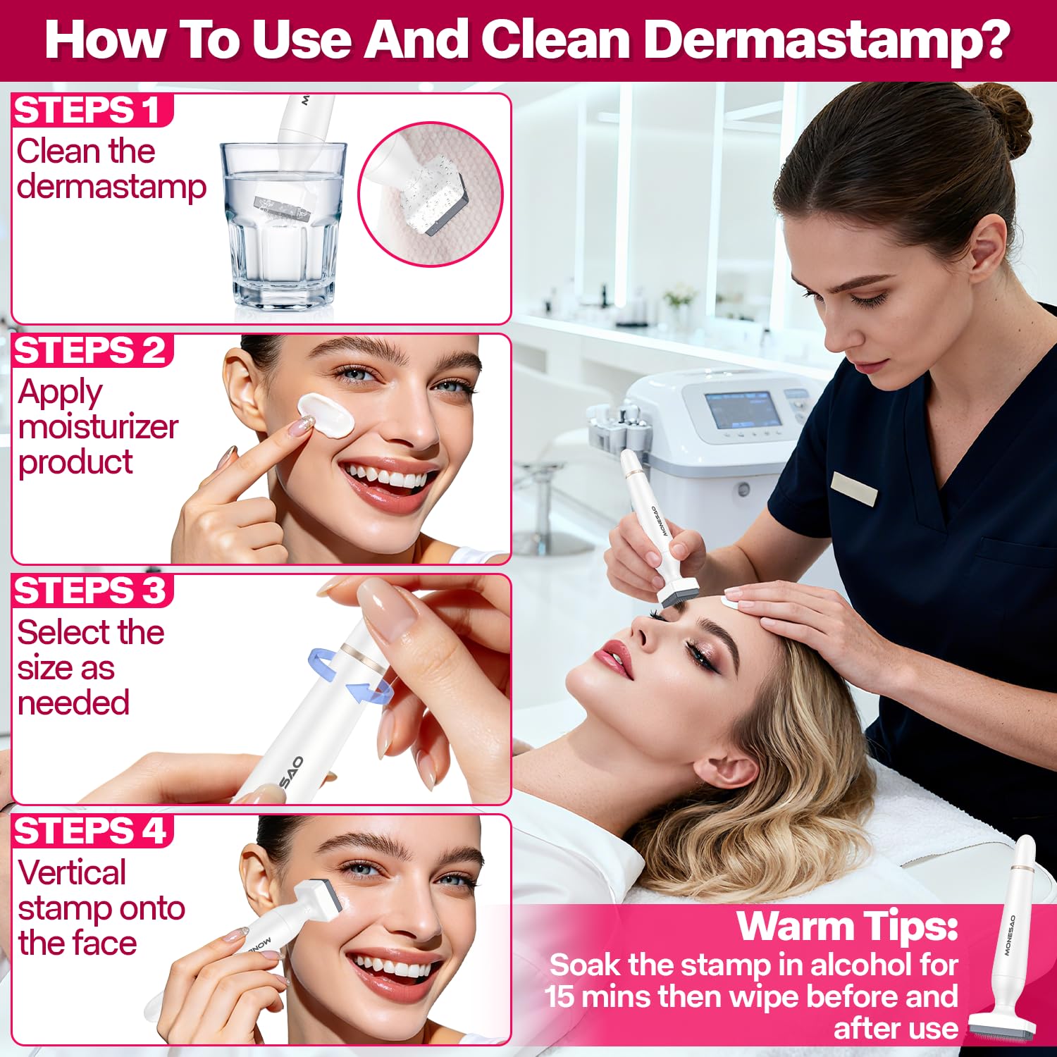 Derma Stamp, MONESAO Microneedling Stamp for Skin Face Hair Scalp Beard, Microneedle Dermastamp Tool with 2 Replacement Heads, Micro Needling Stamp Kit for Women and Men - Image 6