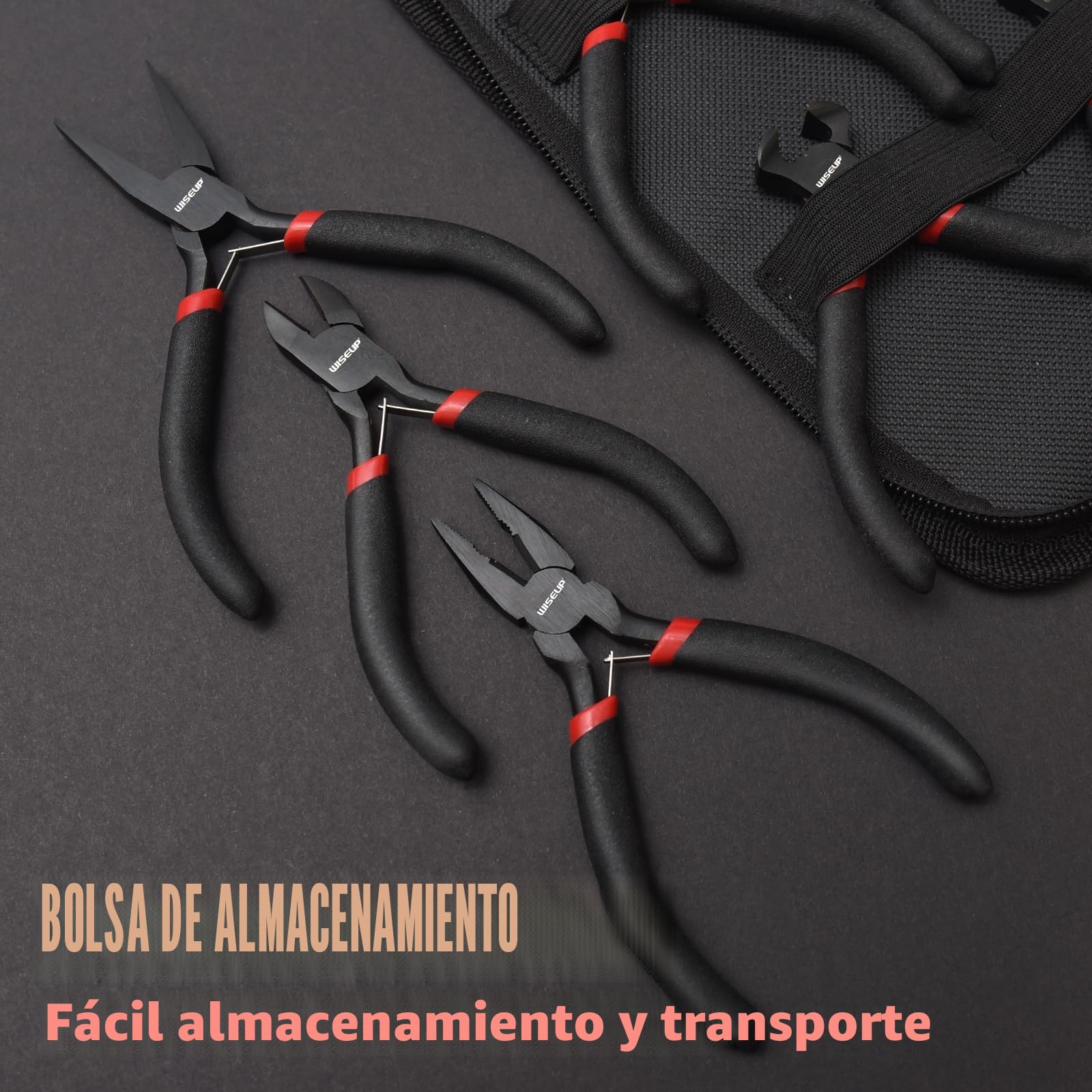 WISEUP juego de 8 piezas de mini alicates, punta de aguja, redonda, plana, larga, punta curva, diagonal, de corte frontal y alicates de líneas para manualidades, electrónica y joyería, con funda