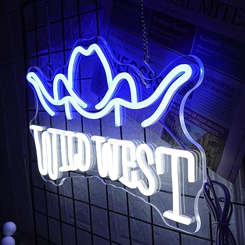 Miniatura 2 de LMSIGNLY Letrero de neón con sombrero "Wild West", letrero de neón LED azul y blanco para decoración de pared, sombrero de vaquero, letreros de neón