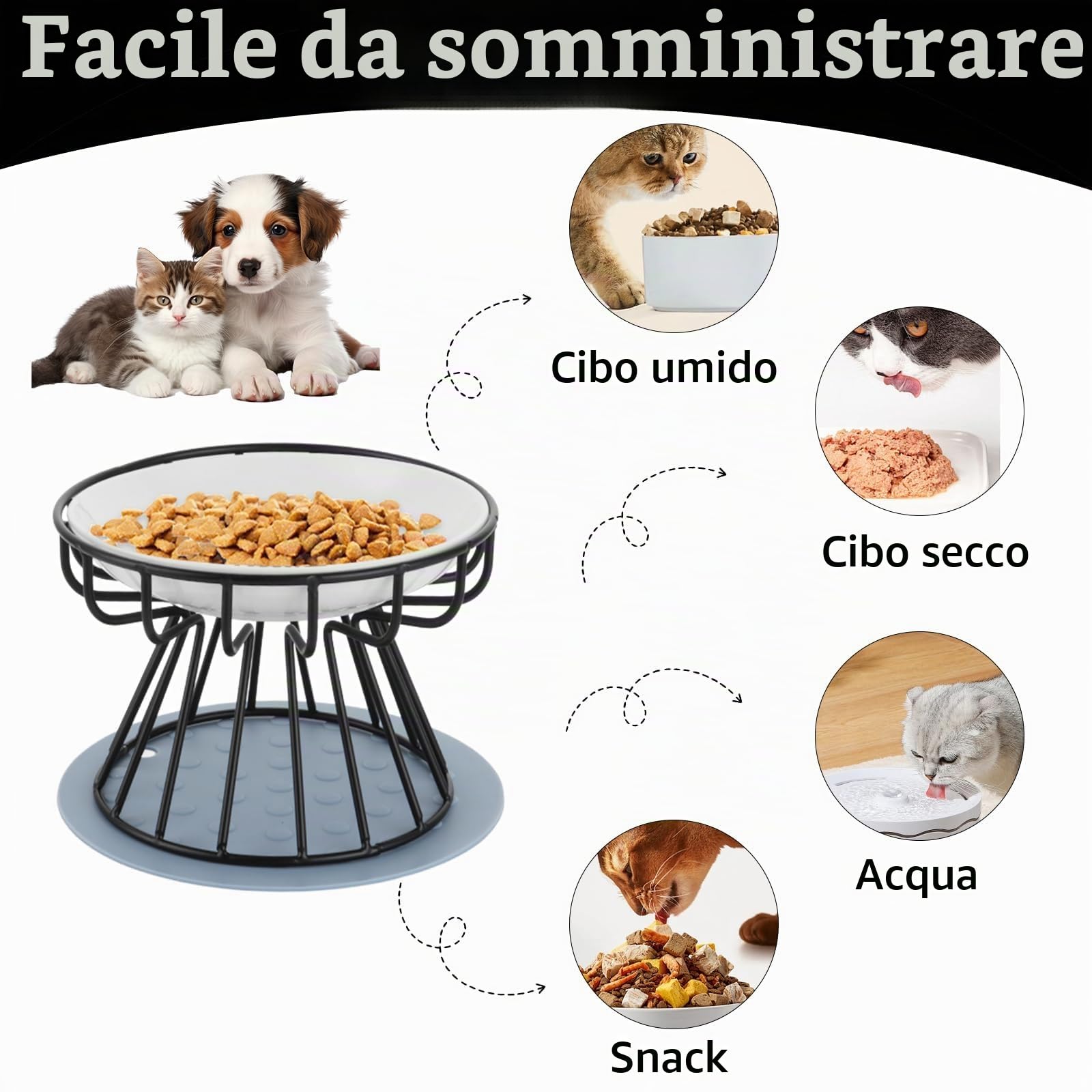 YAYODS Set di 3 Ciotole per Gatti in Ceramica con Supporto Rialzato, Ciotola Rialzata per Gatti e Cani Piccoli con Tappetino in Silicone Antiscivolo, Design Salva-Cervicale e Lavabile in Lavastoviglie