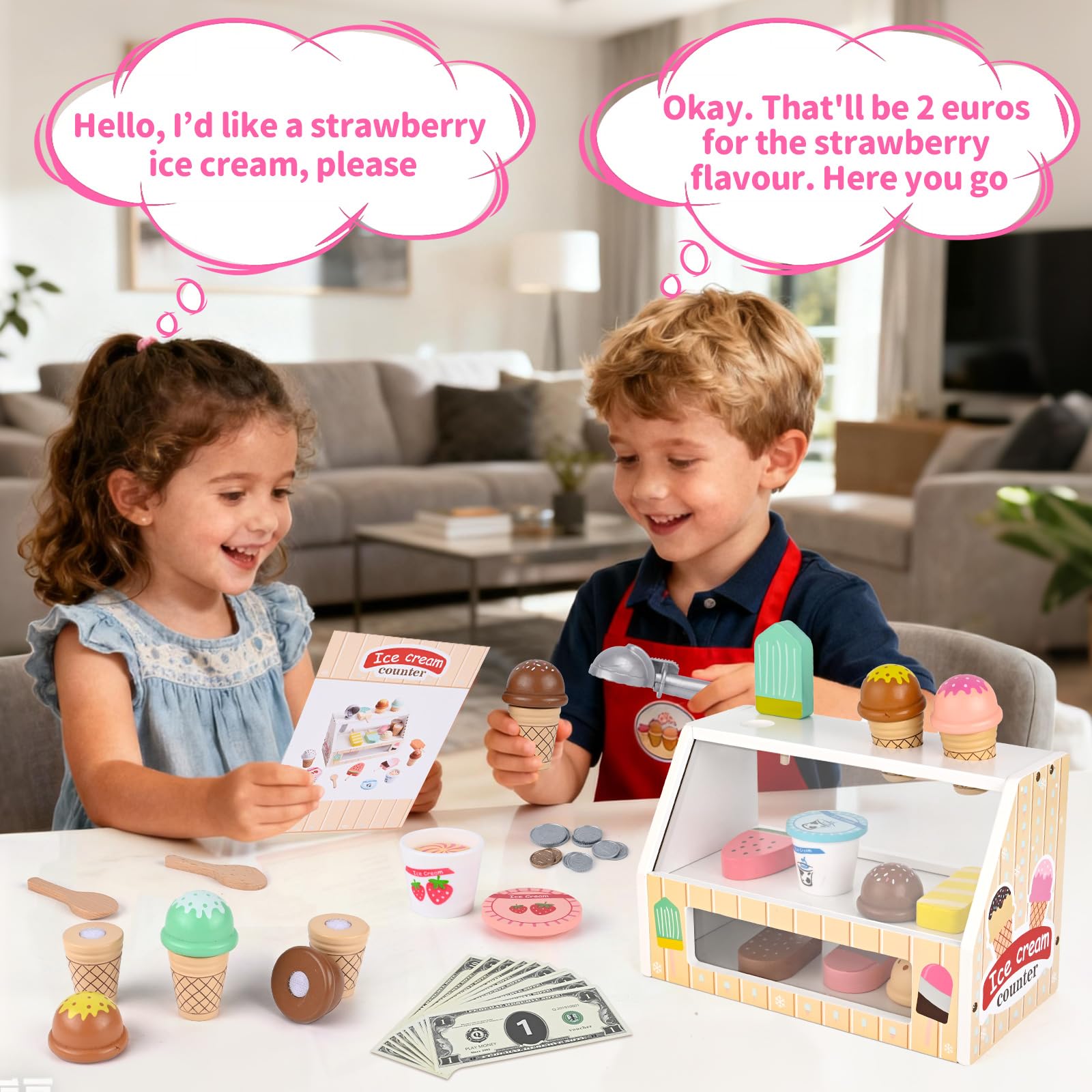 Heladeria Juguete, Diealles Shine 45 Piezas Helados Juguetes de Madera, Juegos de rol Cocinita Infantil para Regalo Niño