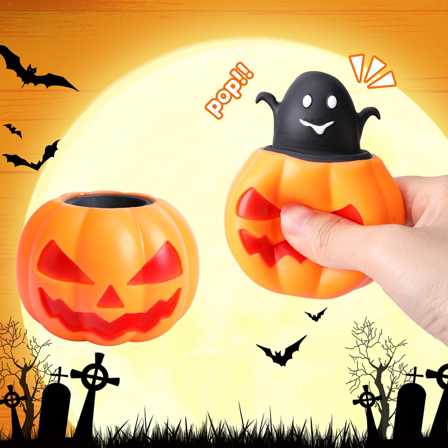 Tlswshsy 12 Pcs Halloween Pumpkin Squishy Toy, 2 Colors Pumpkin Relieve Stress Fidget Toys, Squeeze Sensory Ghost Toys for Halloween Party Decoration Trick or Treat Office Toy - Image 4