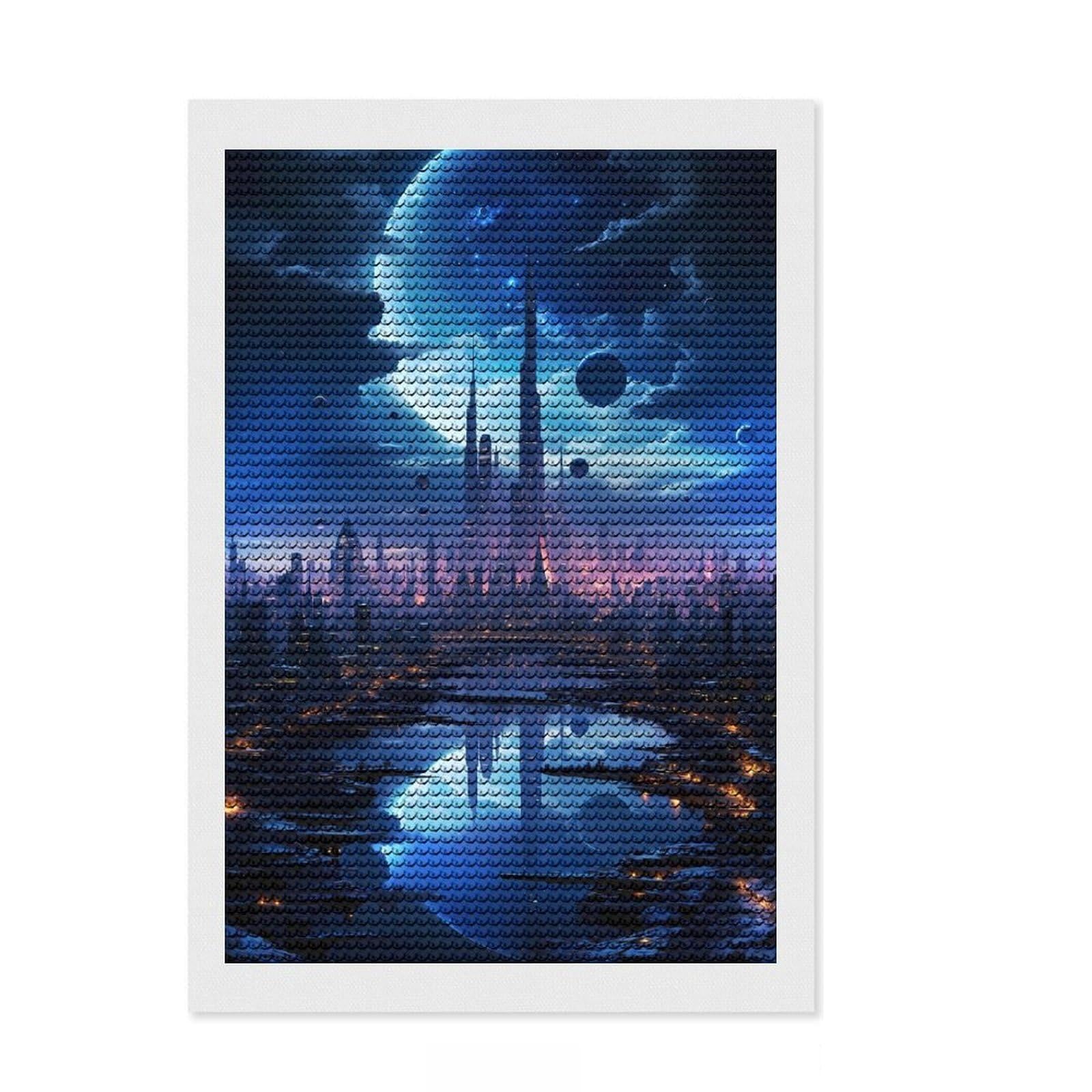 Junmoney Futuristic City Moon Night 5D Diamond Painting Kit 8"x12", Round Gems, Christmas Gift, Easy Craft Set, Vintage Style Decor, for Adults