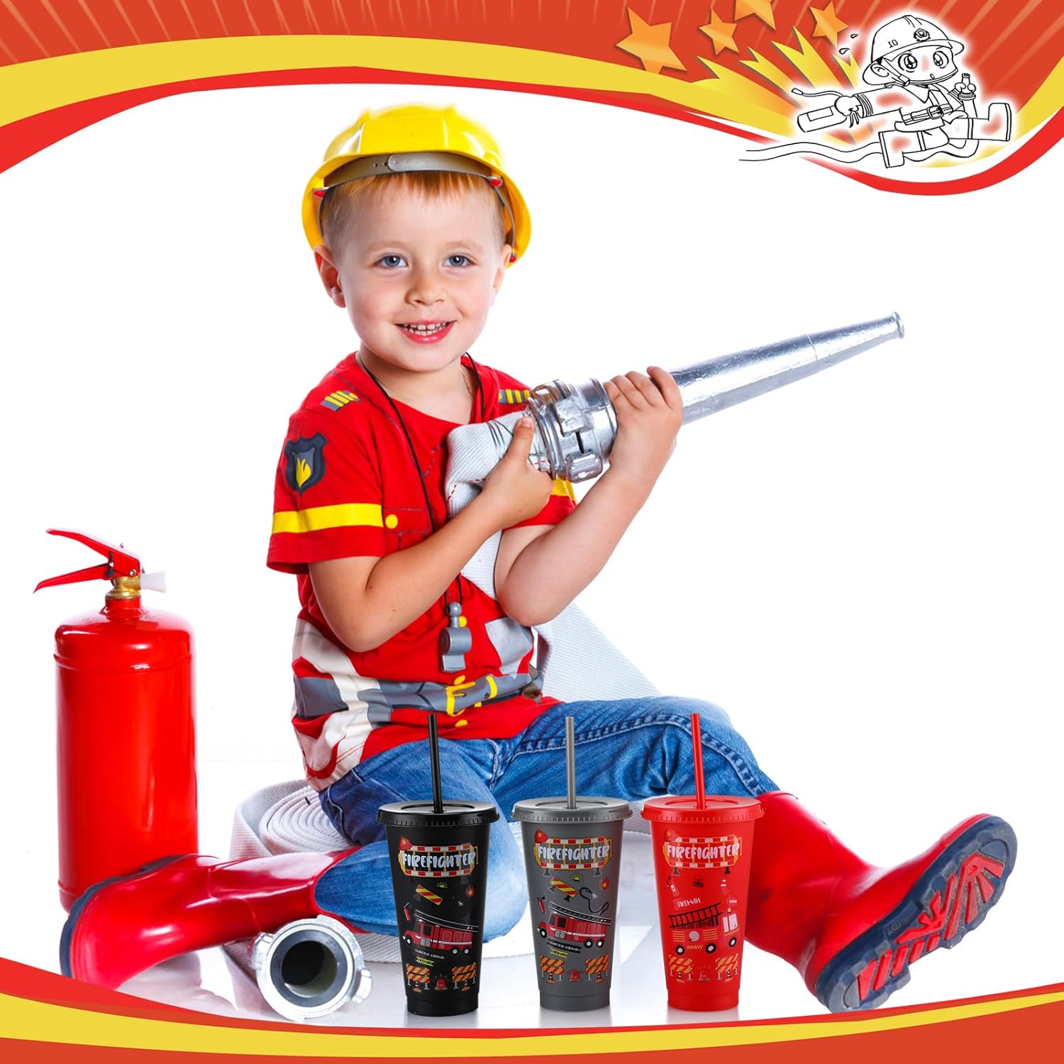 Mifoci 24 Pack Firefighter Plastic Cups with Lids and Straws 24oz Reusable Fire Truck Cups for Firefighter Birthday Party Supplies Decorations