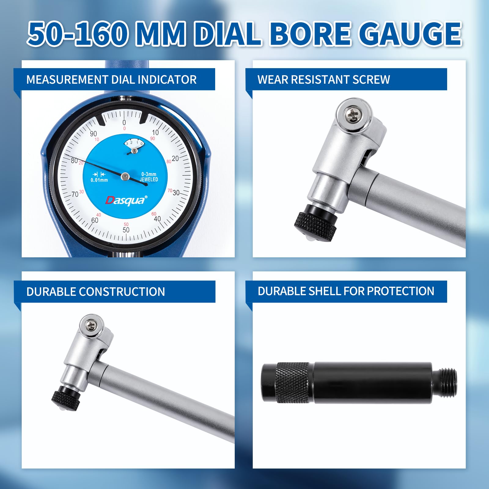 Dasqua Alesametro con Comparatore Centesimale - Scala di Misura da 50 a 160 mm - Graduazione di 0.01 mm - Punta di Carburo di Tungsteno - Robusto e Duraturo