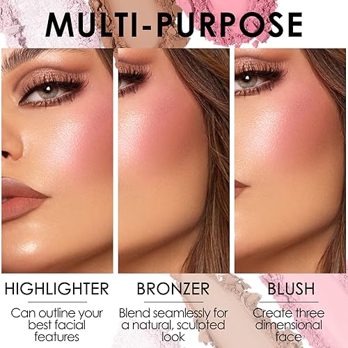 Miniatura 4 de FOCALLURE Paleta de rubor y resaltador, paleta de contorno 3 en 1, polvo bronceador mate libre de crueldad, resaltadores brillantes iluminadores
