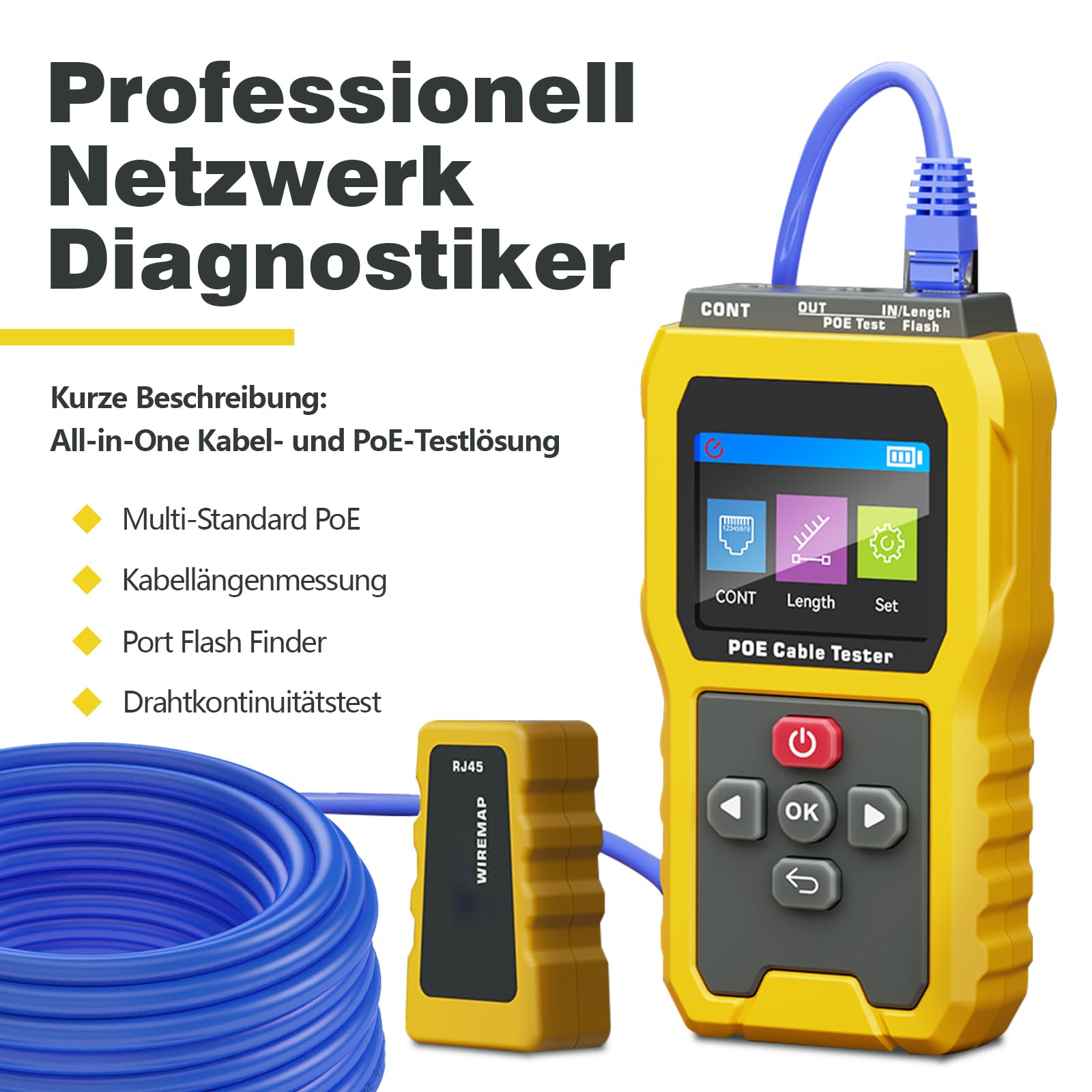PoE-Kabeltester NF-8504, IEEE 802.3af/at/bt Kompatibel, 2,4" Farbdisplay & 2000-mAh-Akku