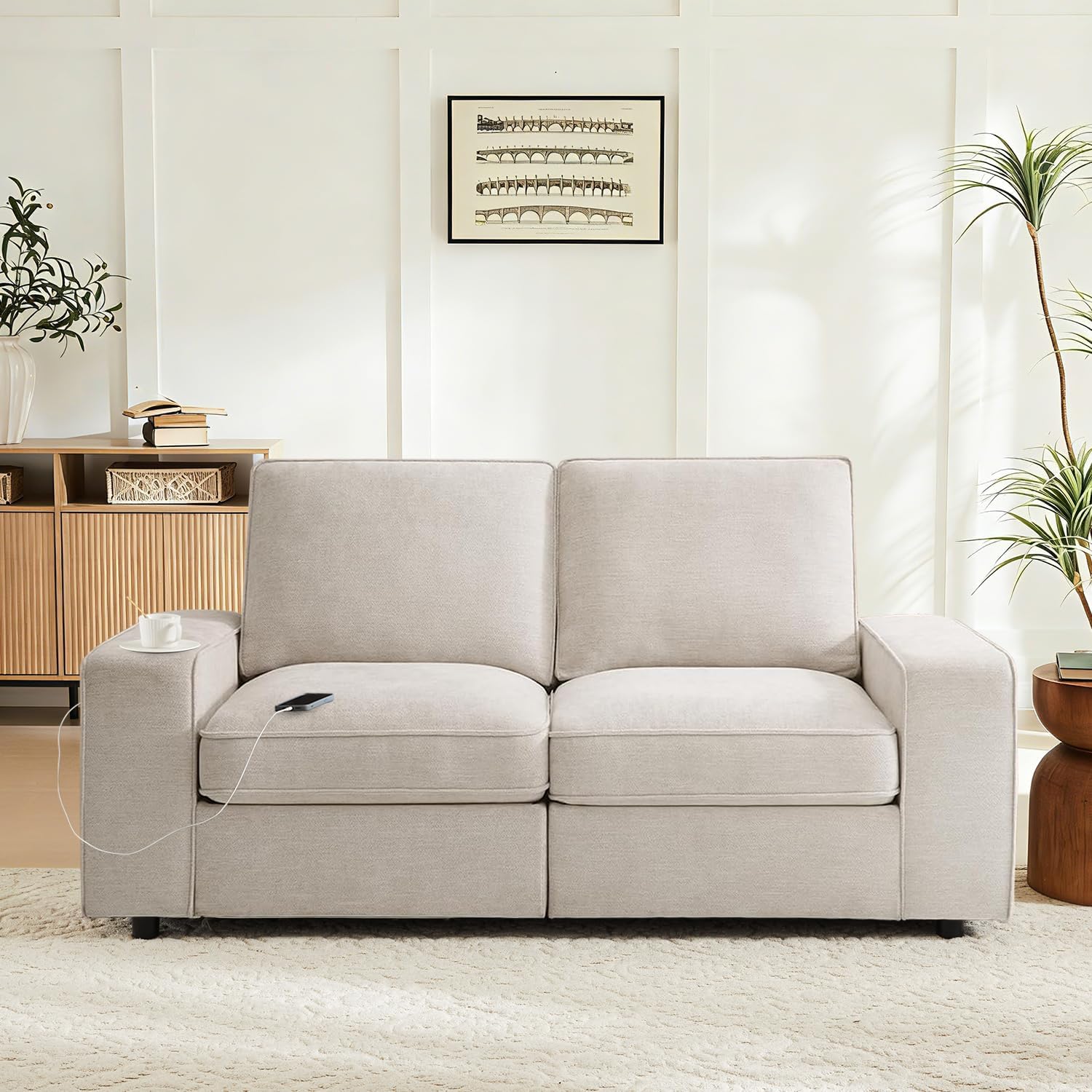 Waxberry 71" Chenille Loveseat Sofa Couch for Living Room with Seat Storage, Modern 2-Seater Deep Seat Sofa with Side Pockets & Type-C/USB Ports, Detachable Backrest for Office, Apartment (Beige)