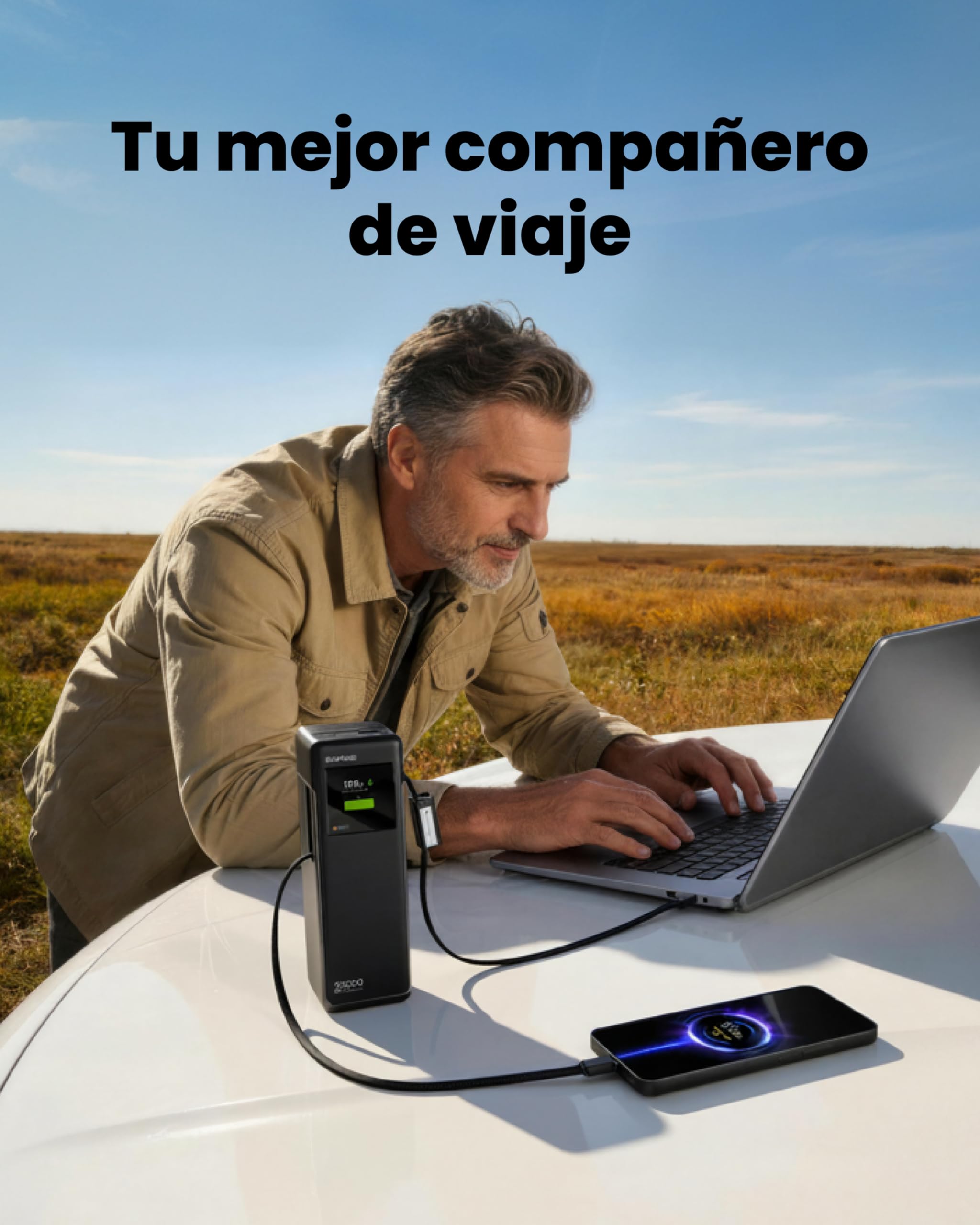 sharge Laptop Power Bank 170W, HyperTower 170 Cargador Rápido 25000mAh con Cables Integrados Retráctiles Portátil, Pantalla TFT Smart, 4 Puertos USB (WH-EU)