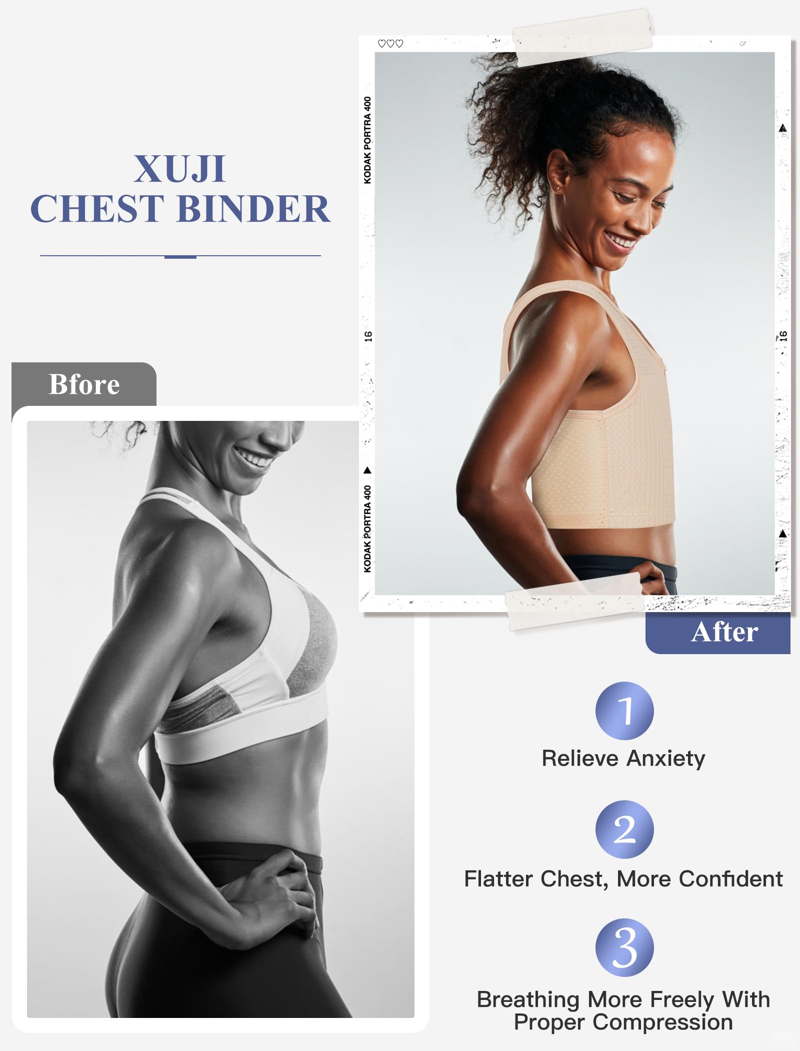 XUJI Binder Traspirante con Cerniera per Compressione - Reggiseno Compressivo per Transgender, FTM, Tomboy e Cosplay