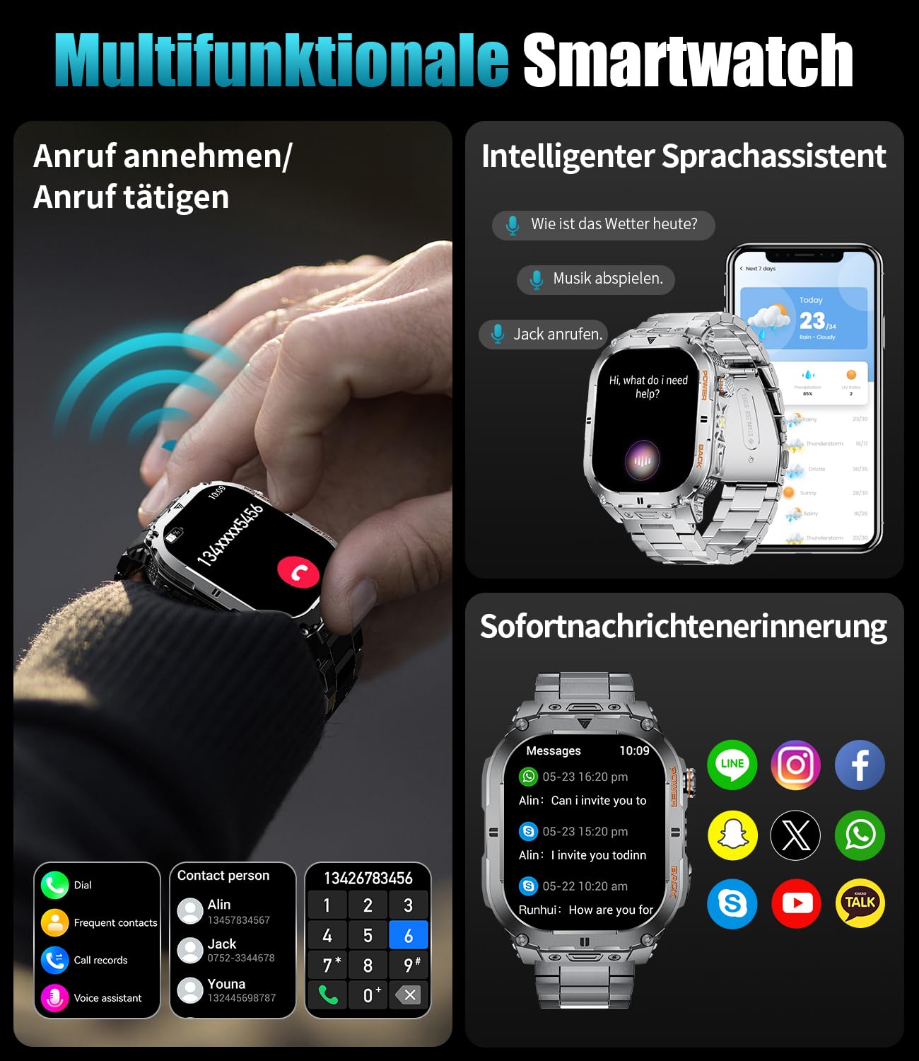 LIGE Herren Smartwatch Militär – 2,13″ AMOLED, Telefonfunktion, 110+ Sportmodi, 5ATM, 450 MAh