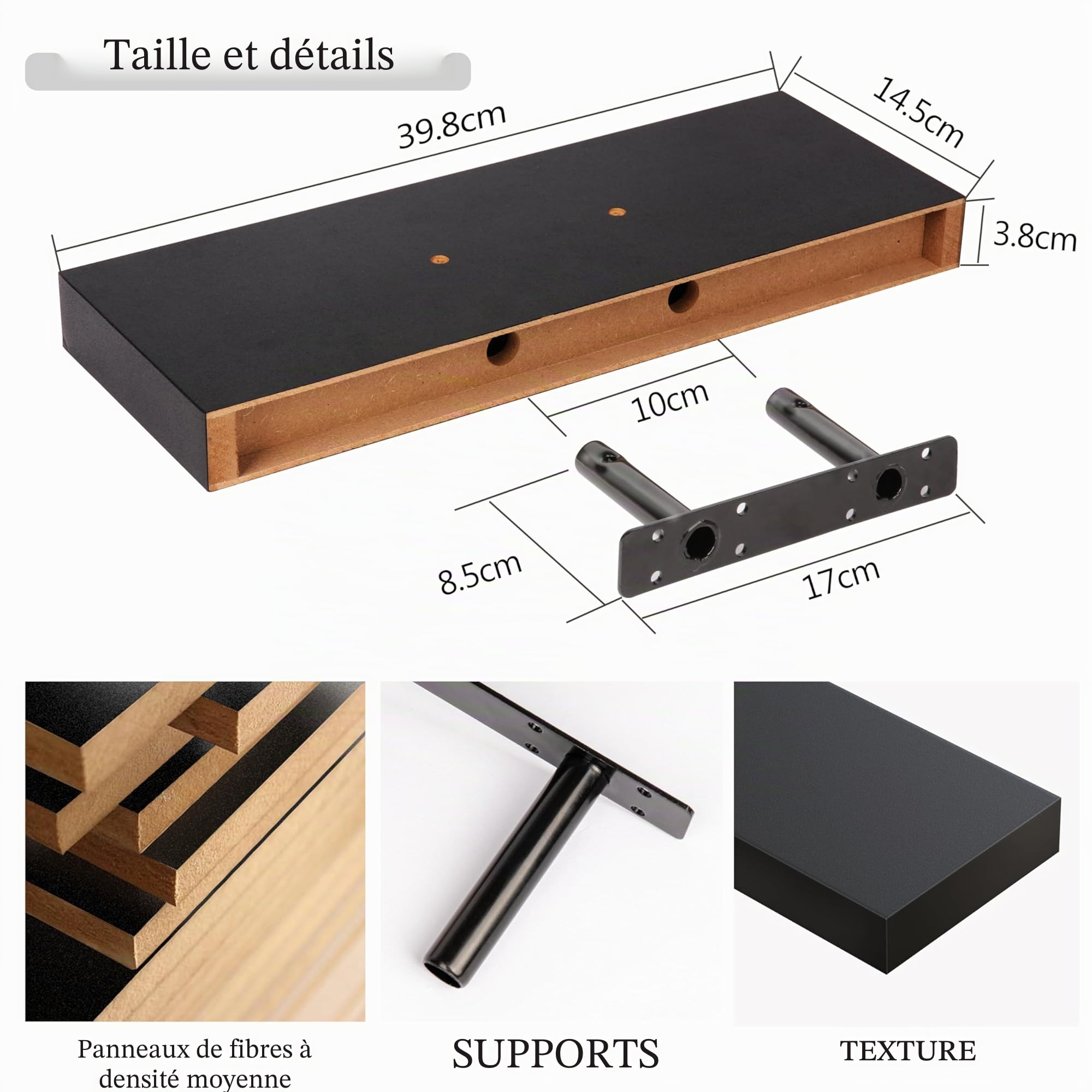 BAMEOS Lot de 2 étagères murales flottantes en Bois Noir avec Supports Invisibles pour Chambre à Coucher, Salle de Bain, Salon et Cuisine