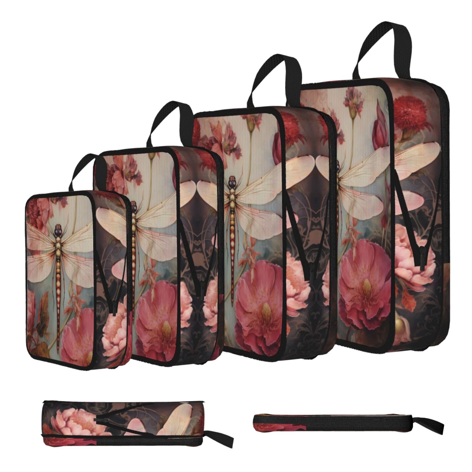 Sxzvvbn Black Dragonfly With Red Flowers Compression Packing Cubes 4 Piece Set