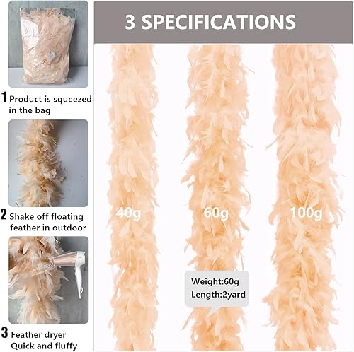Miniatura 2 de THARAHT Boa de plumas de pavo Chandelle champán de 2 yardas 1.41 oz para manualidades, manualidades, hogar, baile, boda, fiesta, Halloween,
