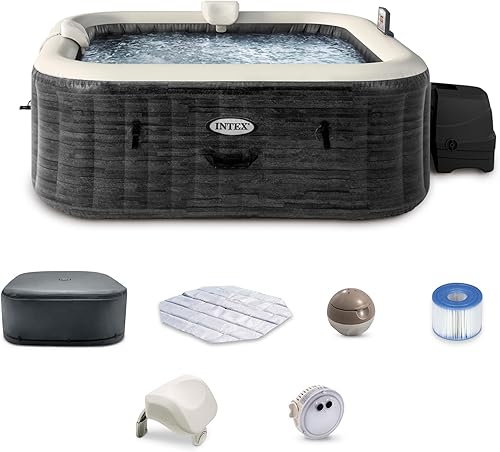 Intex 28449EP PureSpa Plus - Bañera de hidromasaje cuadrada inflable portátil para 4 personas con 170 chorros de burbujas y bomba de calentador