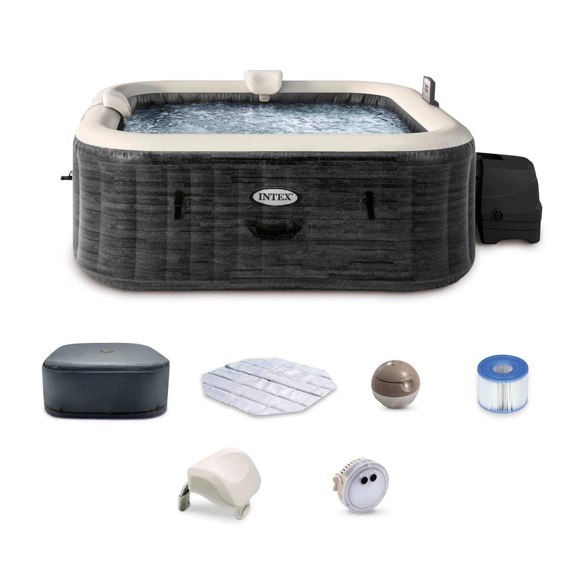 INTEX PureSpa Greystone Deluxe Inflatable Hot Tub, with with Built-in FastFill Inflation System, Spa Control App, and 4 Person Capacity, 83" x 28"