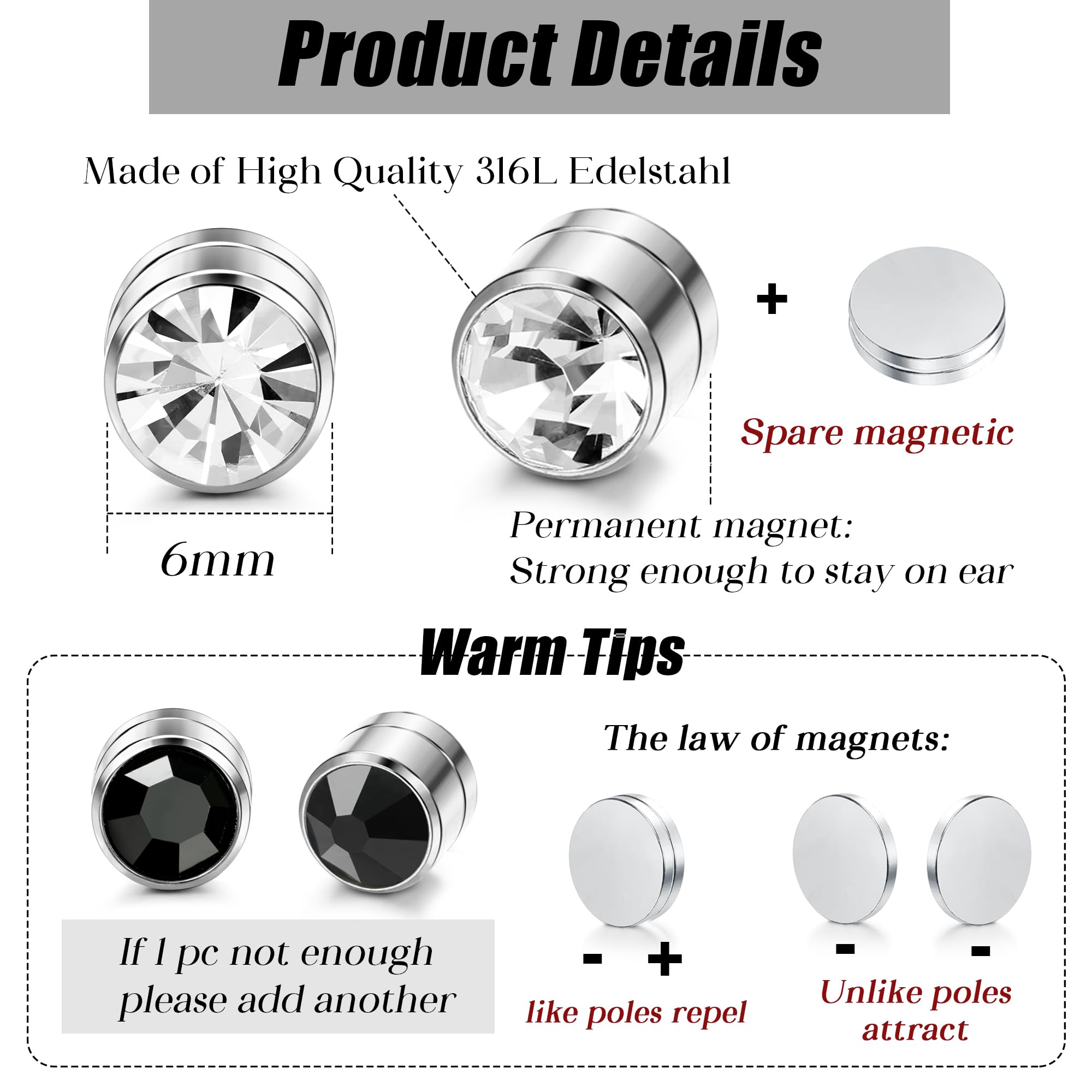 Finrezio 20 Pares Conjunto de Aretes Hombres Mujeres Colorido Cristal Pendientes Magneticos No Perforado Piercing 6 mm Pendientes Falsos