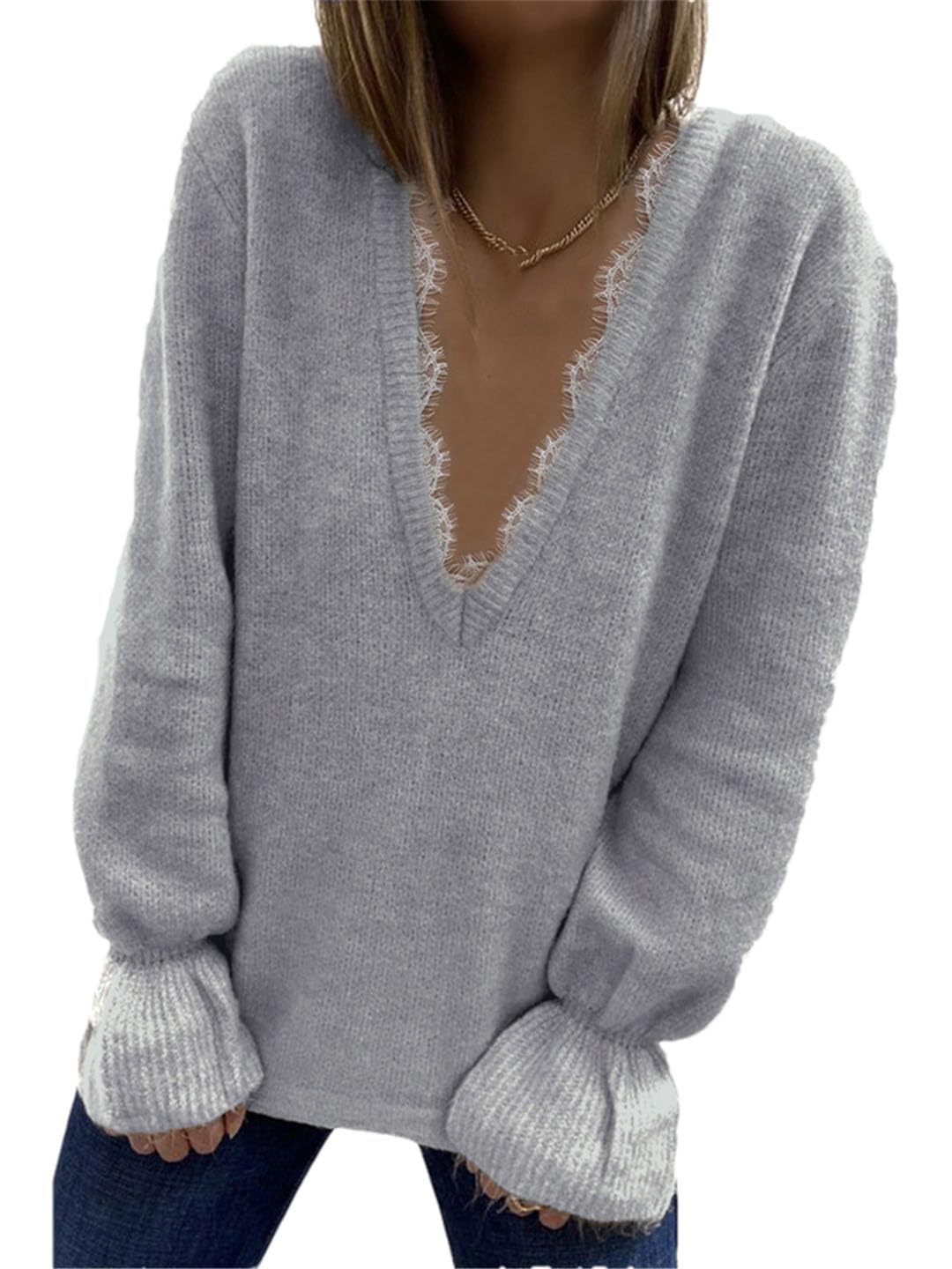 Maglione da donna autunno/inverno, tinta unita, scollo a V, casual, a maniche lunghe, maglia