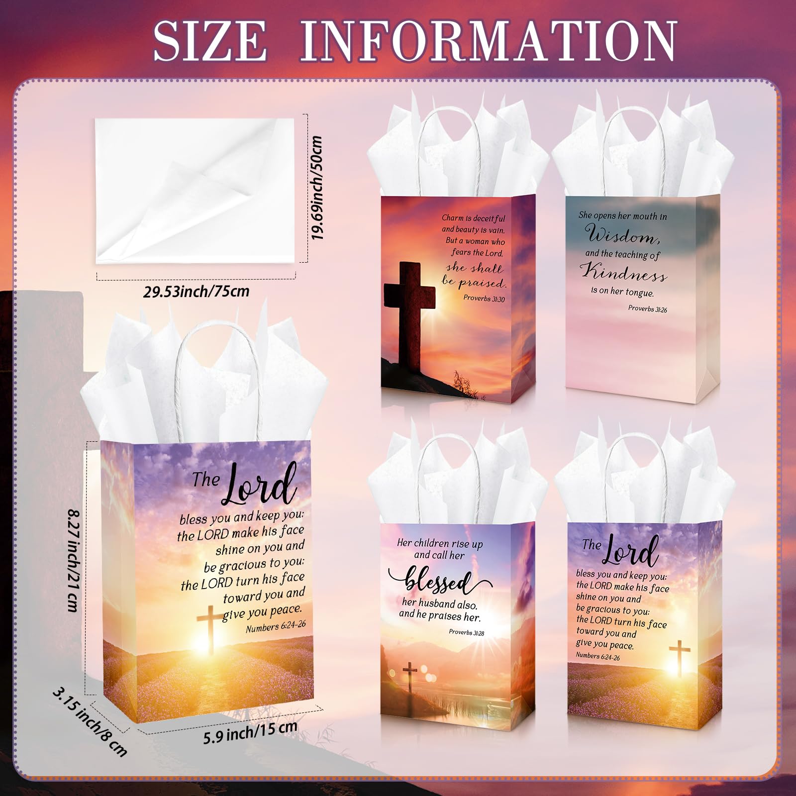 Moinchore 50 Sets Fathers Day Christian Gifts Bags Bulk with Tissue Religious Bible Verse Church Baptism Paper Gifts Bags for Men Women with Handle for Church Welcome Visitors, 4 Styles