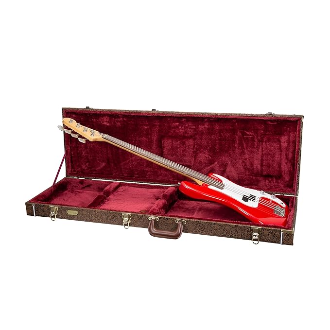 Crossrock Wooden Bass Guitar Case for Fender Precision & Jazz | Blossom Brown Faux Leather, Burgundy Velvet Interior, Lock – Designer Series(CRW530BBQ)