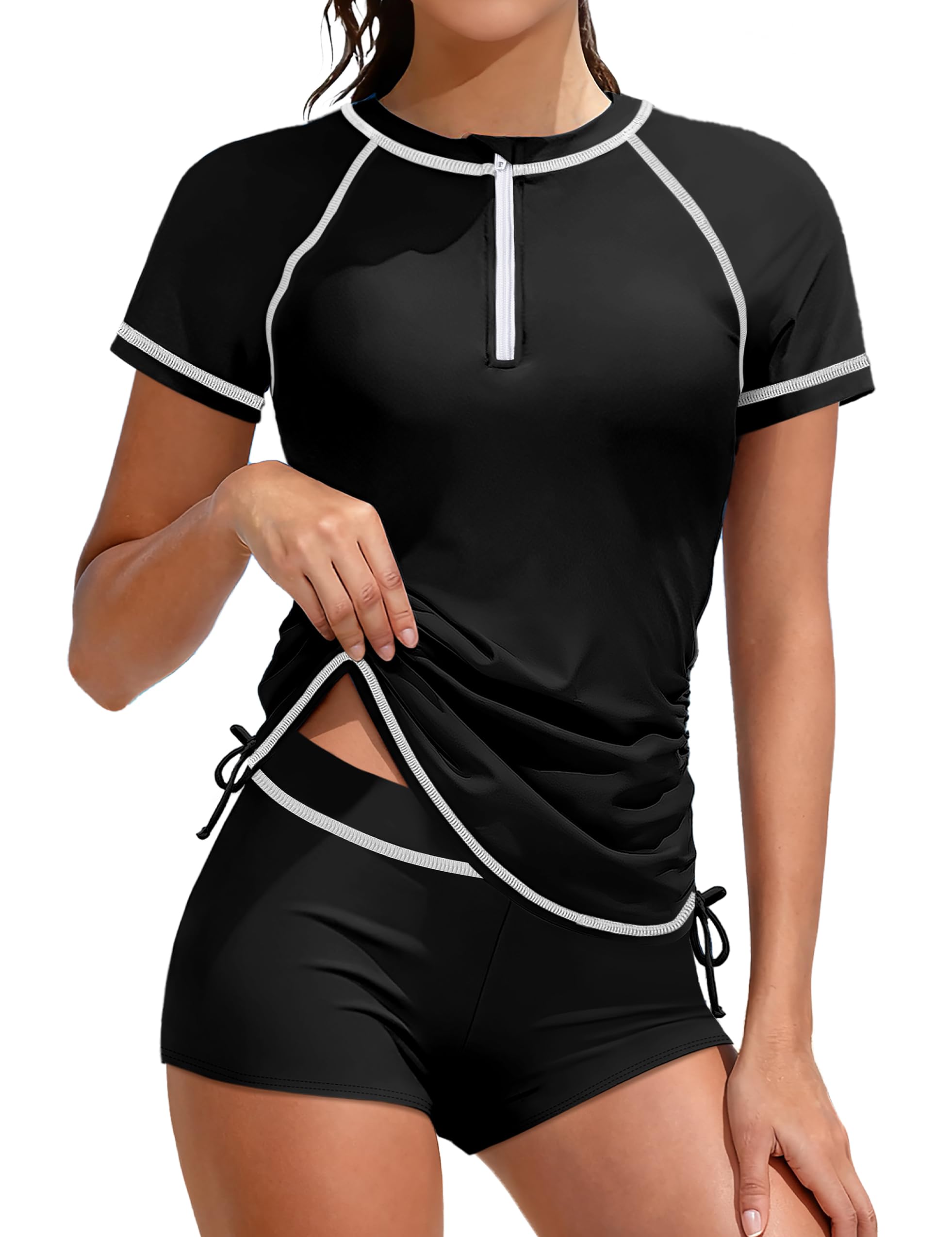 Photo 1 of TyeSmo Teen Girls Swimsuits Size 14-16 Rash Guard Swimsuit 2 Piece Teen Swimsuits for Girls 14-16 Short Sleeve Solid Color Bathing Suits Size 14 16 UPF 50+ Sun Protection Zip Pad Swimwear with Shorts