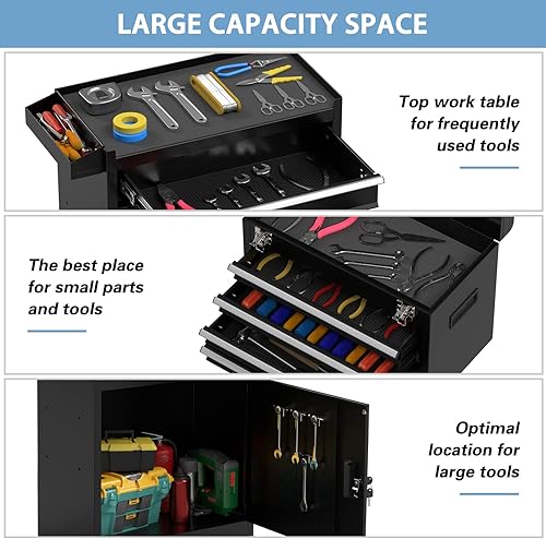 Miniatura 4 de Cofre de herramientas rodante de alta capacidad de 5 cajones, caja de herramientas extraíble sobre ruedas, caja de herramientas con cerradura,