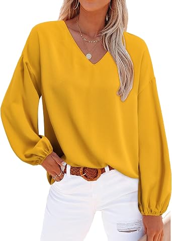 STYLEWORD Womens Chiffon Blouse Casual V Neck Long Lantern Sleeve Shirt Lightweight Fall Tops