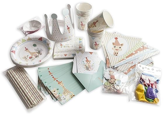 Amazon Com Sophie La Girafe Kids Birthday Decorations Party Supplies For 12 Children S Paper Goods Jungle Animal Plates Cups Napkins Utensils Invitations Banner Balloons Cake Cupcake Toppers Crown 110 Piece Kit Home