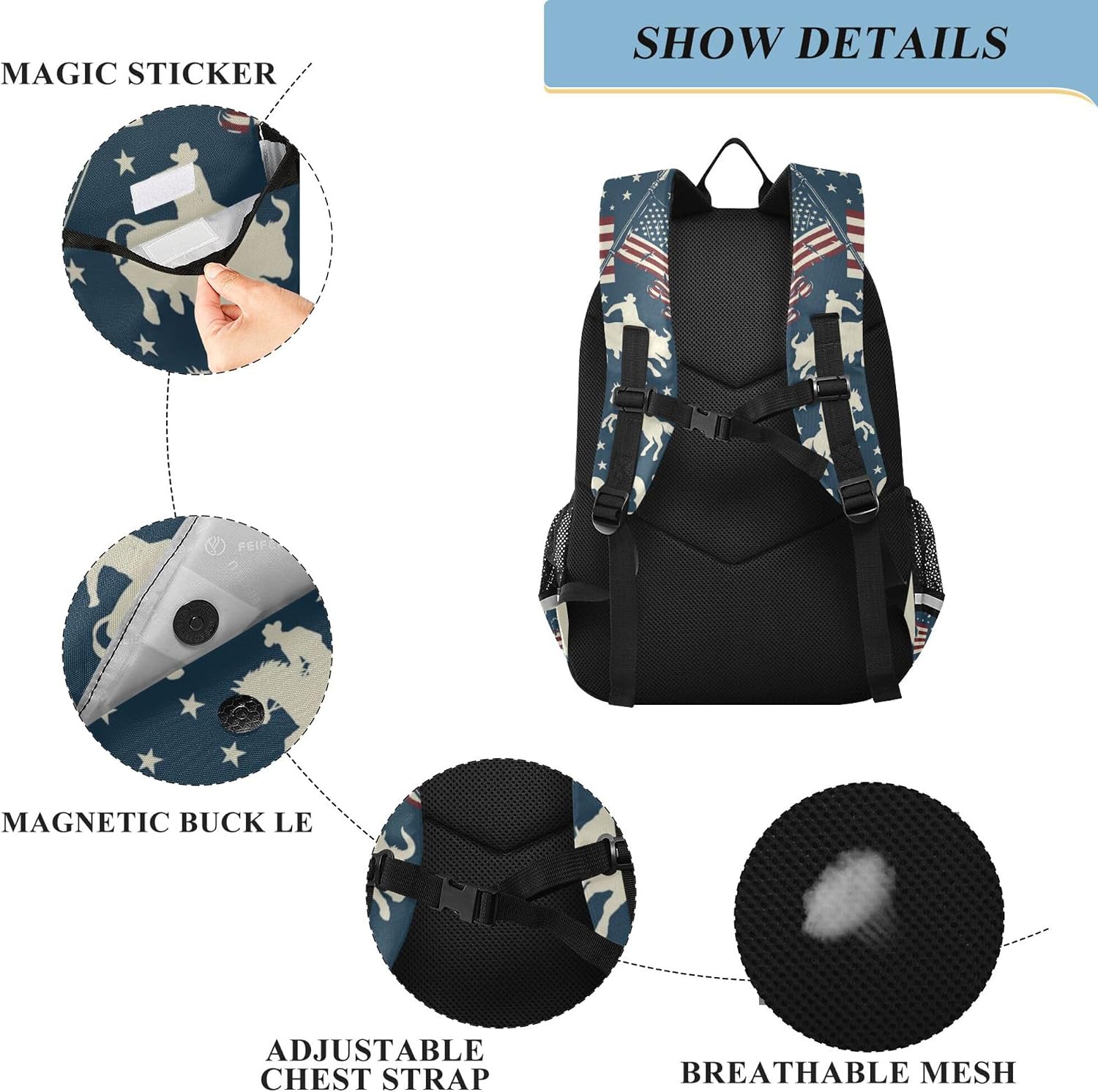 Cowboys Riding Bulls Horse Riders American Usa Flags Backpack School Bag Lightweight Laptop Notebook Tablet Backpack Students Travel Bookbag with Reflective Stripes