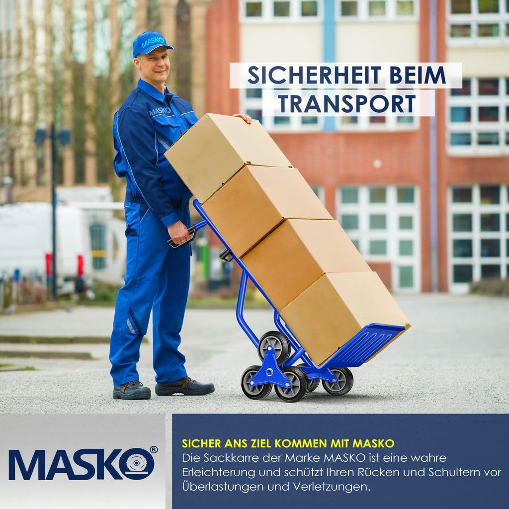 MASKO® Diable pour escaliers Pliable, 200kg, Pneus en Caoutchouc Dur | Poignées en Plastique | Cadre en Acier - Bleu