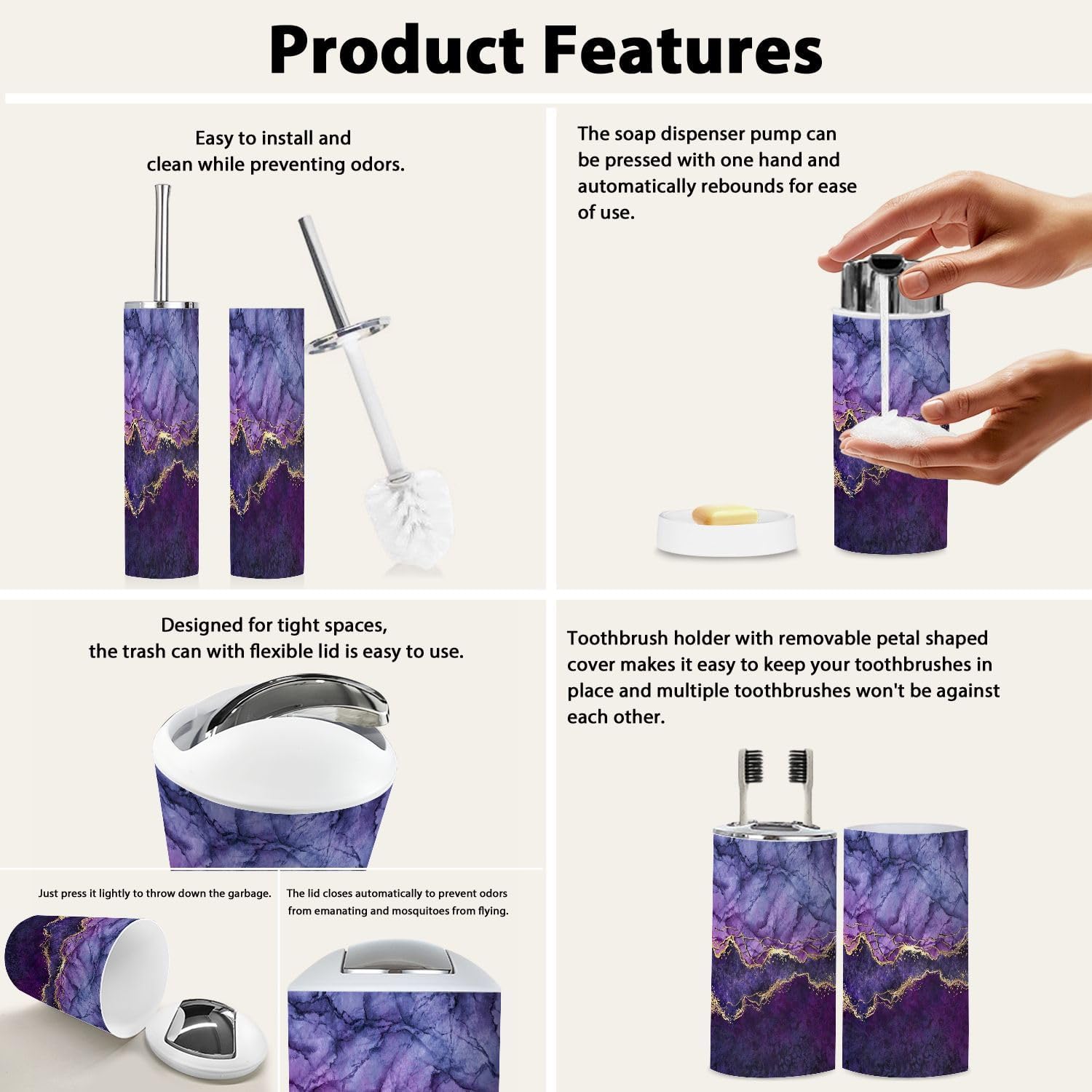 Bathroom Accessory Set 6 Piece Boho Abstract marbling Purple Marble Golden Veins Fake Painted Trash Can, Toothbrush Holder, Soap Dispenser, Soap Dish, Toothbrush Cup, Toilet Brush Holder