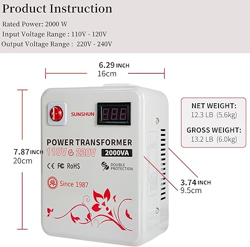 Miniatura 2 de SUNSHUN Convertidor de 110 V a 220 V, transformador elevador de 2000 W de 110 V a 220 V con pantalla de voltaje para electrodomésticos asiáticos