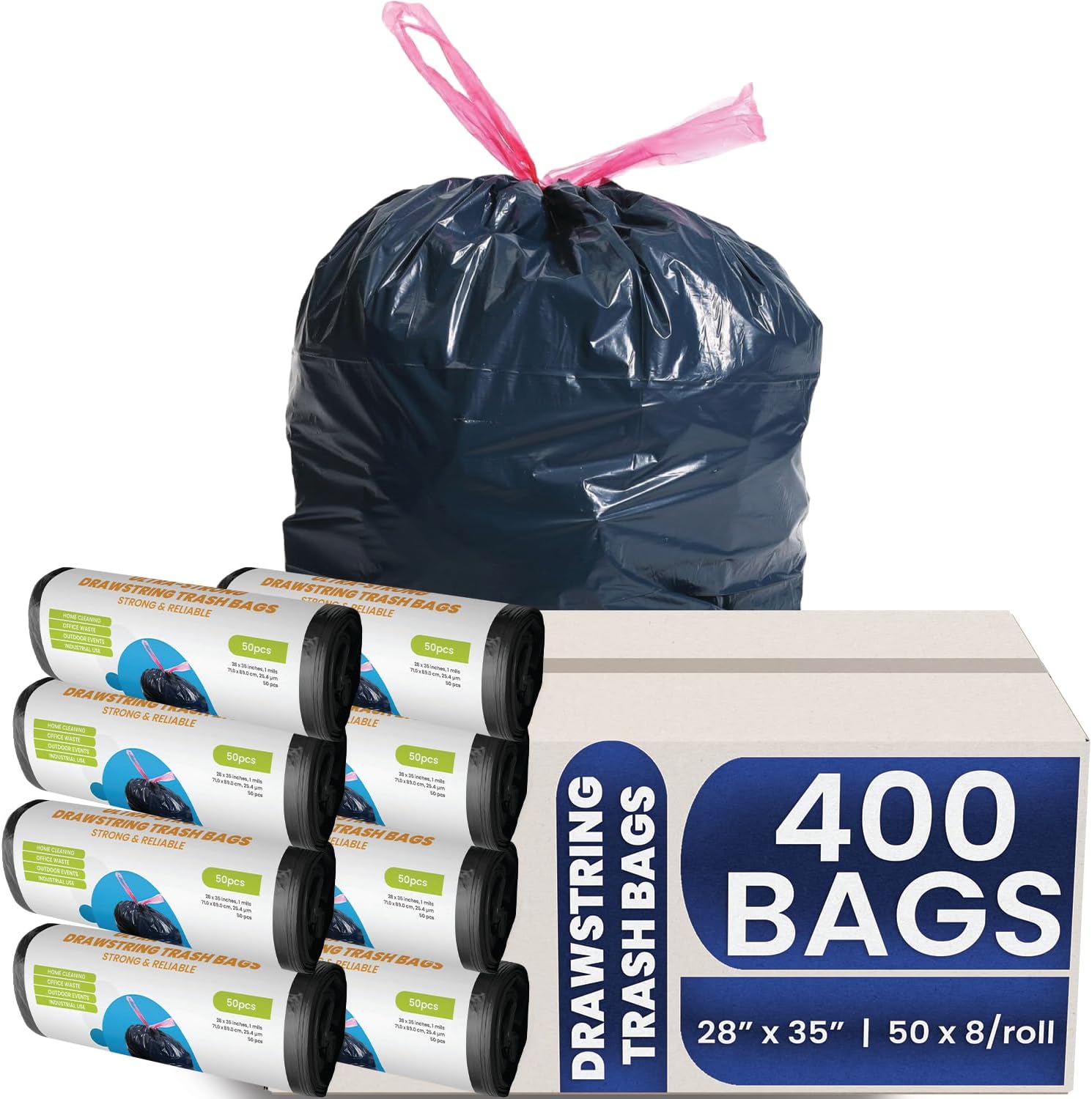 Drawstring Trash Bags, 28×35 Inches, 1 Mil Thick, 400 Count – Heavy Duty Black Garbage Bags with Drawstring Closure, 33 Gallon Capacity