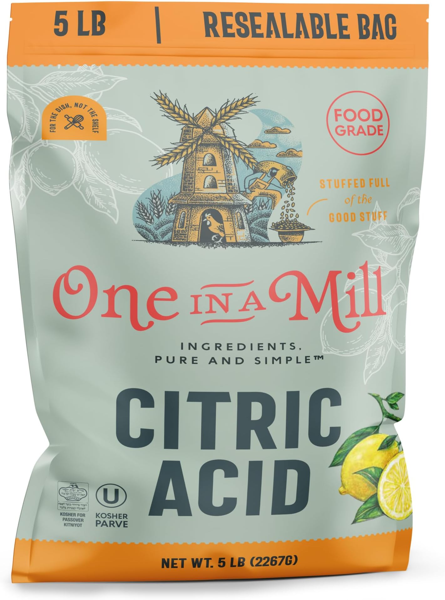 ONE IN A MILL Citric Acid 5LB | Food Grade OU Kosher Flavor Enhancer for Cooking, Baking & Canning Preservative | Use for DIY Skincare, Bath Bombs, Water Softener & Cleaning Hard Water Stains