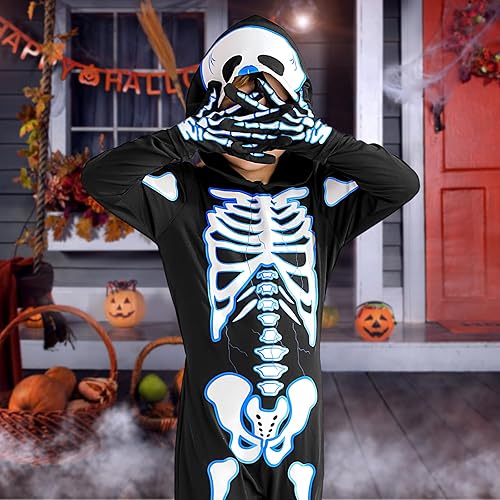 Miniatura 31 de Weixinbuy Disfraz de esqueleto de Halloween para niños, overol luminoso de huesos de calavera aterrador que brilla en la oscuridad, traje para niño