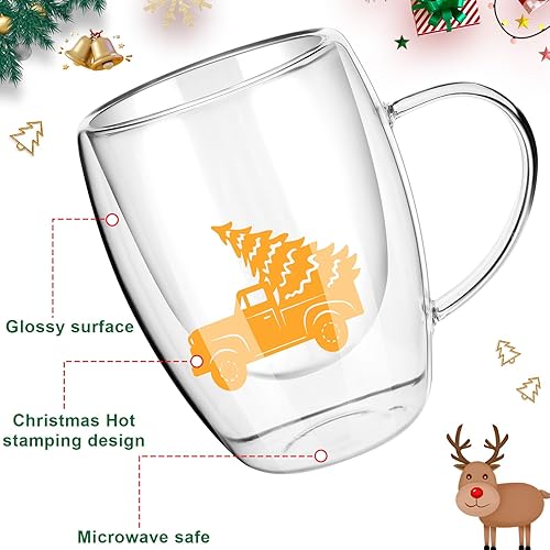 Miniatura 3 de 6 tazas de café de cristal de Navidad de 12 onzas, taza de vidrio de doble pared con asa, taza de Navidad aislada con anillo de copo de nieve, arco