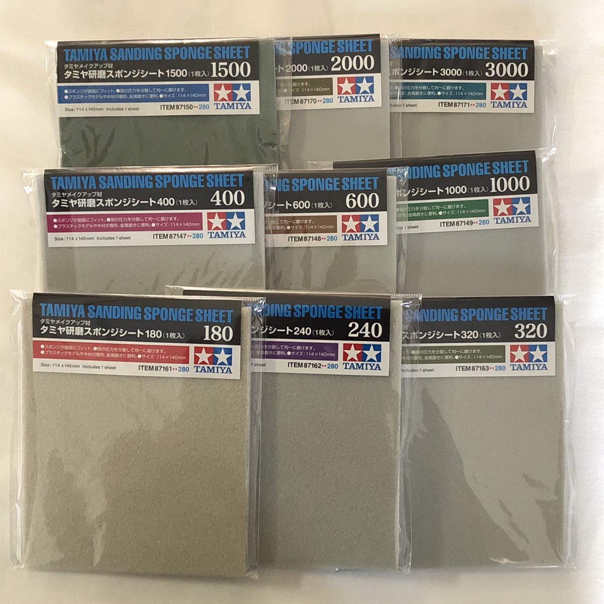 Éponges abrasives TAMIYA lot de 9 feuilles du grain 180 au 3000 pour modélisme