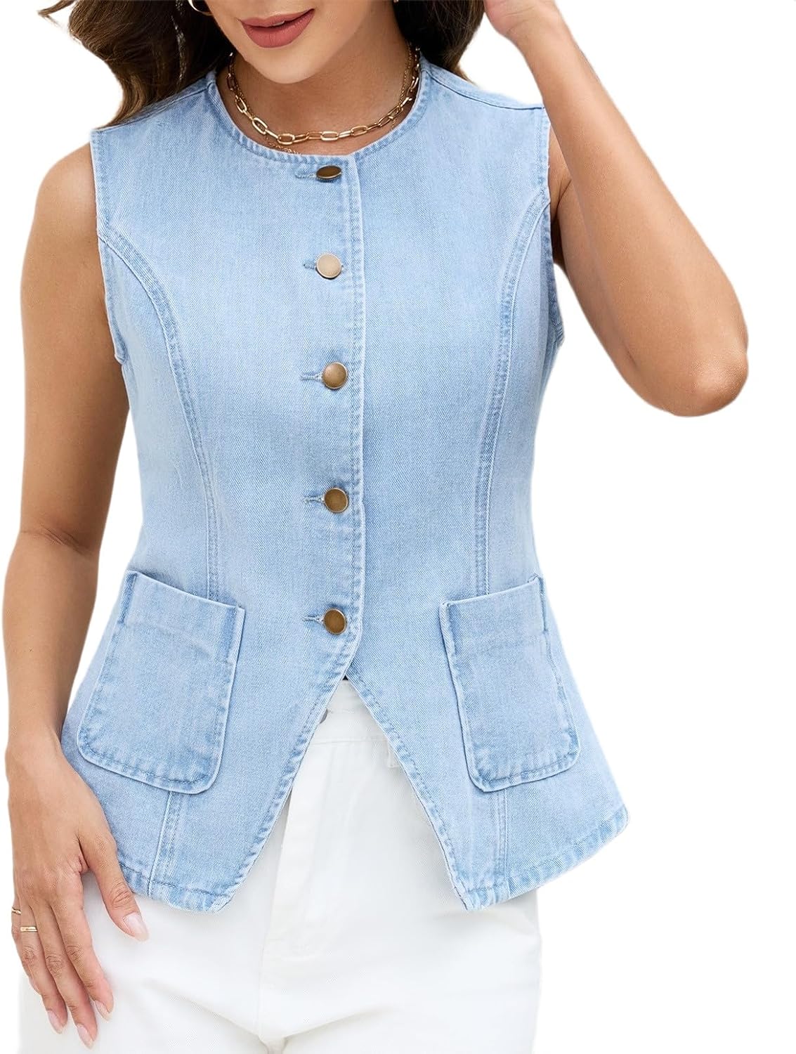 Ladyful Womens Denim Vest Top Sleeveless Jean vest Button Down Western Denim Waistcoat Suit Top