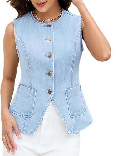 Ladyful Denim Vest Top for Women Long Button Down Jean Vest with Pockets