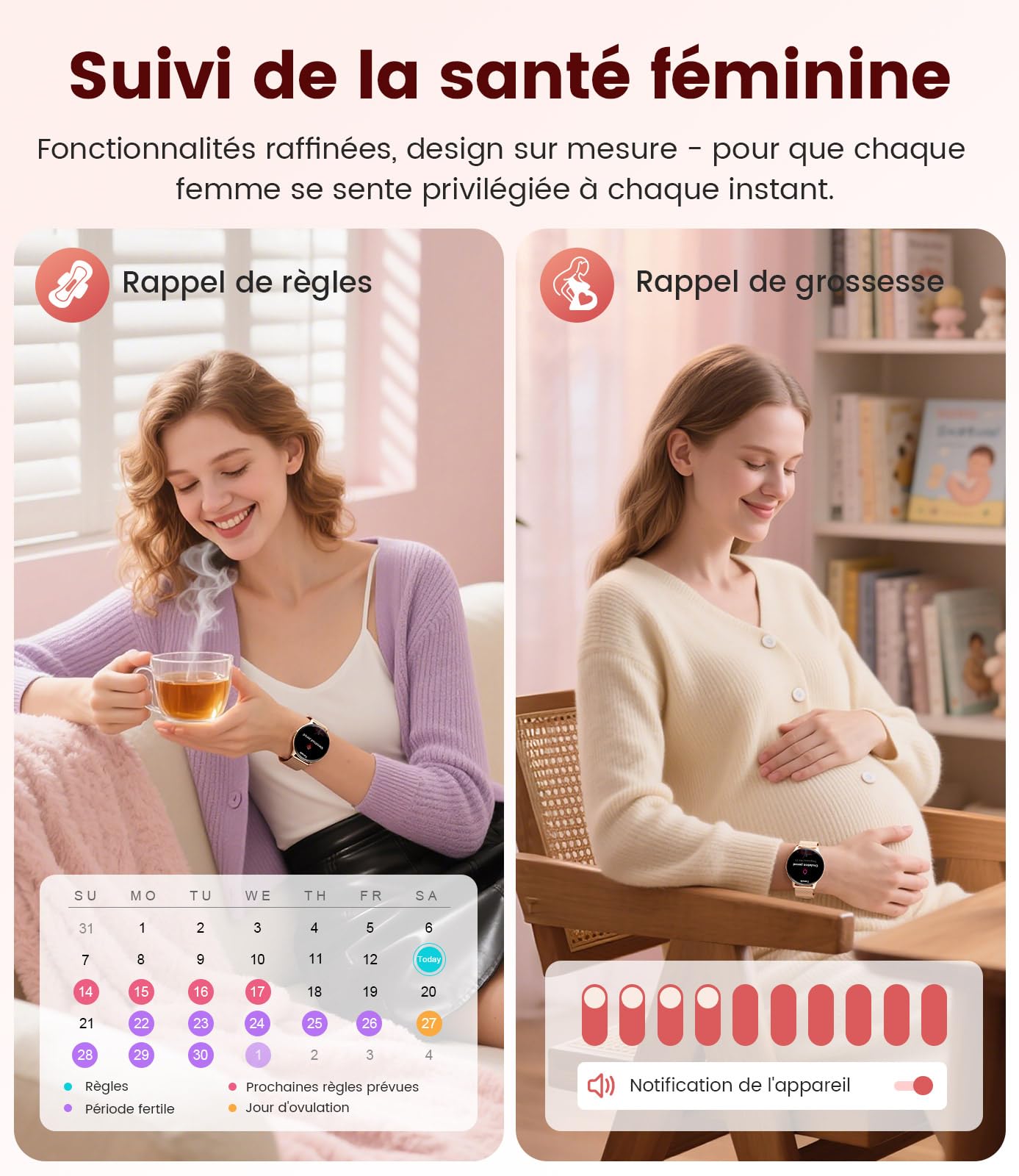BENYAR SMART Montre Connectée Femme 1.43" HD, pour iOS/Android, Or Rose | Suivi du Cycle Menstruel, Santé 24h, Appels Bluetooth, 100+ Sports, IP68 imperméable, 300mAh Autonomie 7 Jours, 2 Bracelet